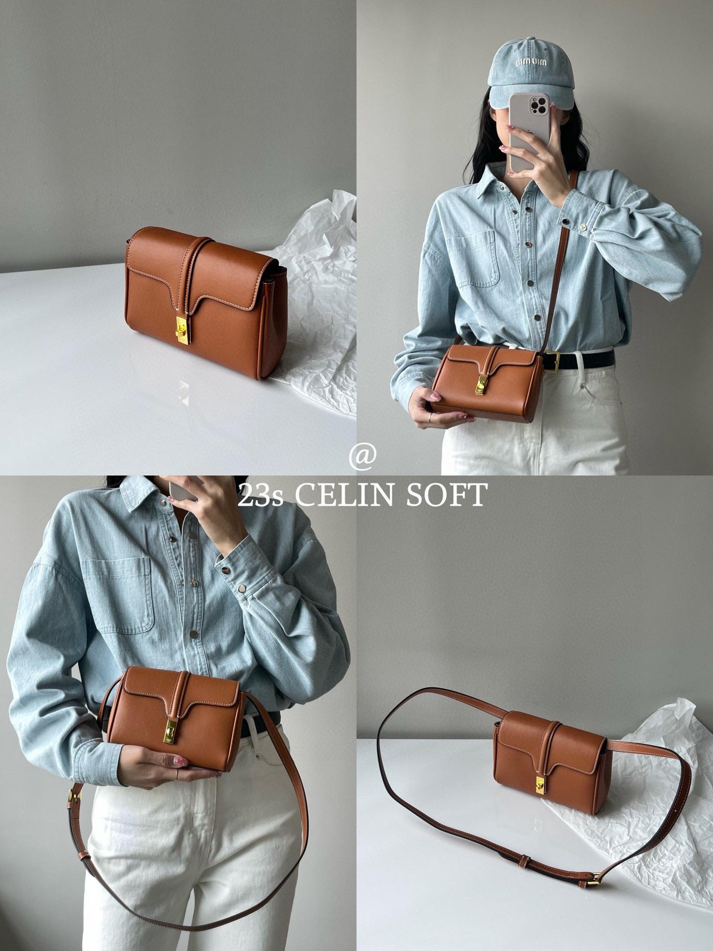 Celine 全皮/焦糖色 真皮 Mini Soft 16 斜跨包 手機可放 18cm