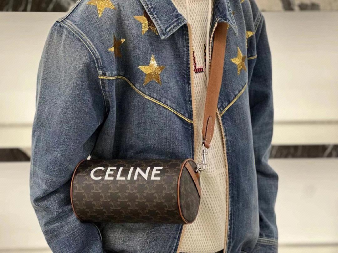 Celine 凱旋門老花 寬肩帶 Triomphe圓筒包/枕頭包 20cm