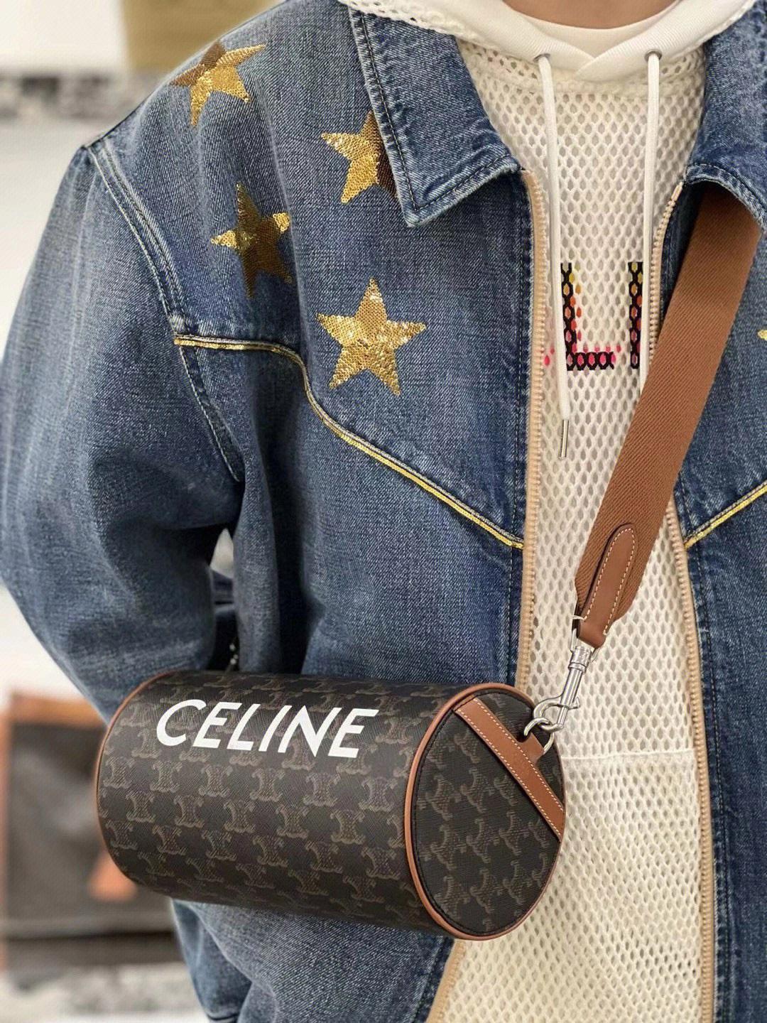 Celine 凱旋門老花 寬肩帶 Triomphe圓筒包/枕頭包 20cm