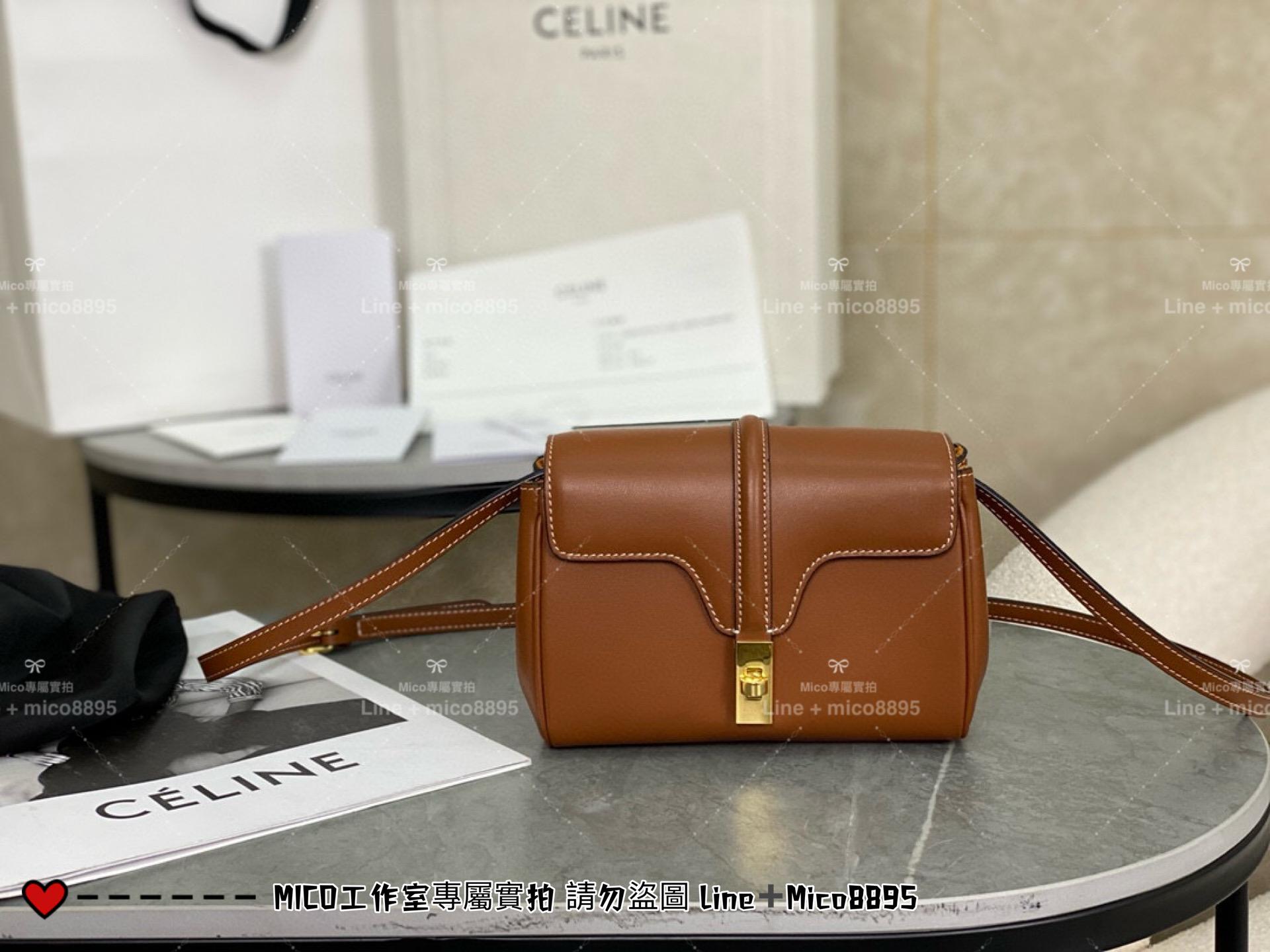 Celine 全皮/焦糖色 真皮 Mini Soft 16 斜跨包 手機可放 18cm