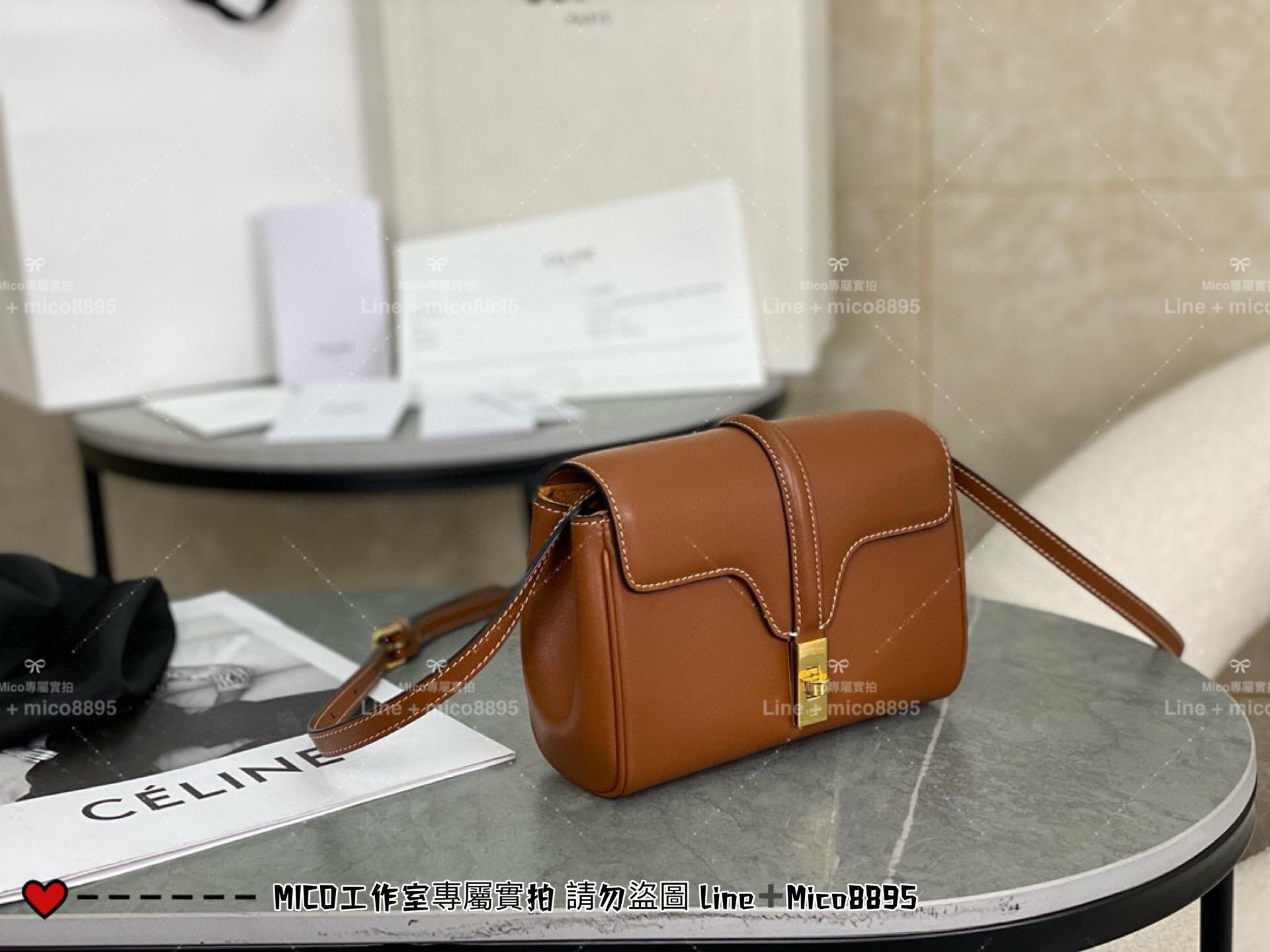 Celine 全皮/焦糖色 真皮 Mini Soft 16 斜跨包 手機可放 18cm