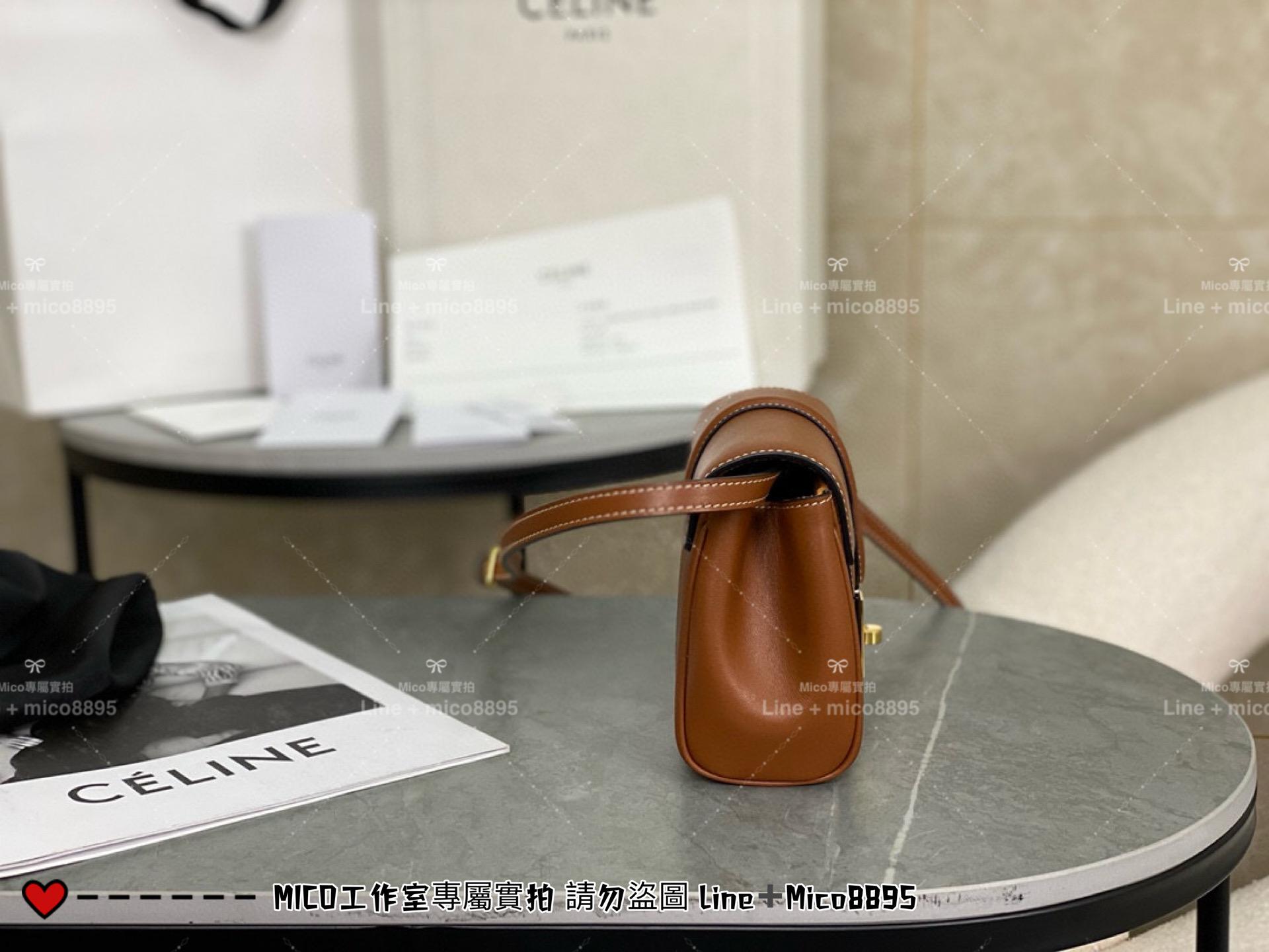 Celine 全皮/焦糖色 真皮 Mini Soft 16 斜跨包 手機可放 18cm