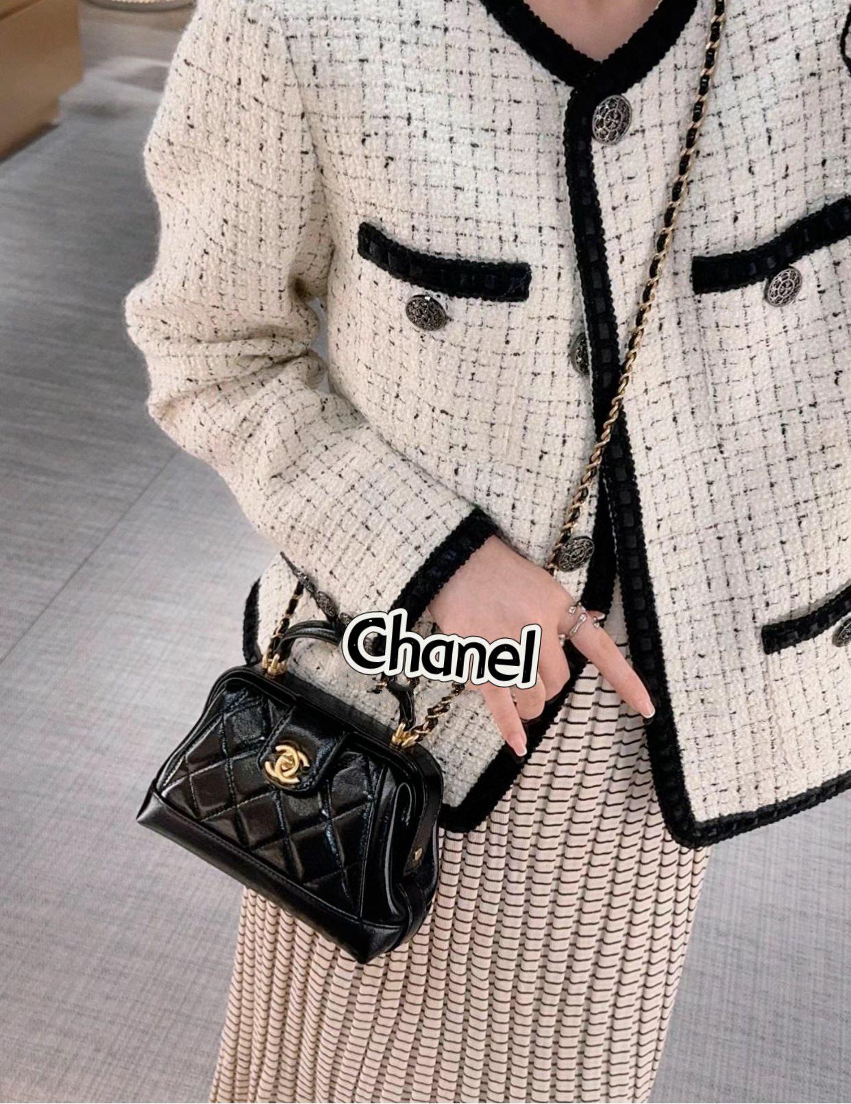 Chanel 香奈兒 24a手工坊系列 黑色/油亮羊皮 手提斜挎復古醫生包 18cm