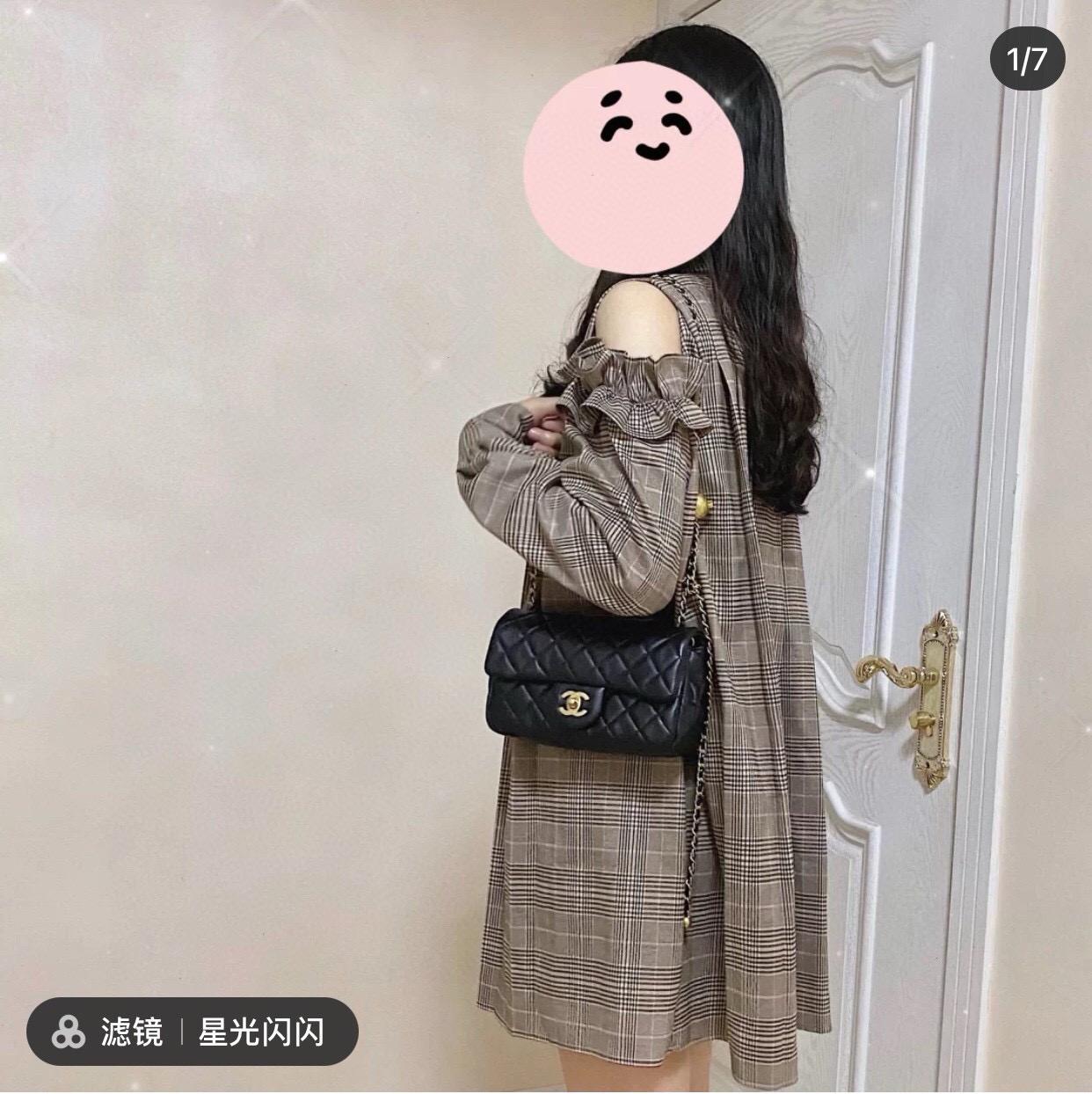 Chanel 香奈兒 新版本硬底款 黑色小羊皮 金球系列 miniCF 20cm 可調節長短