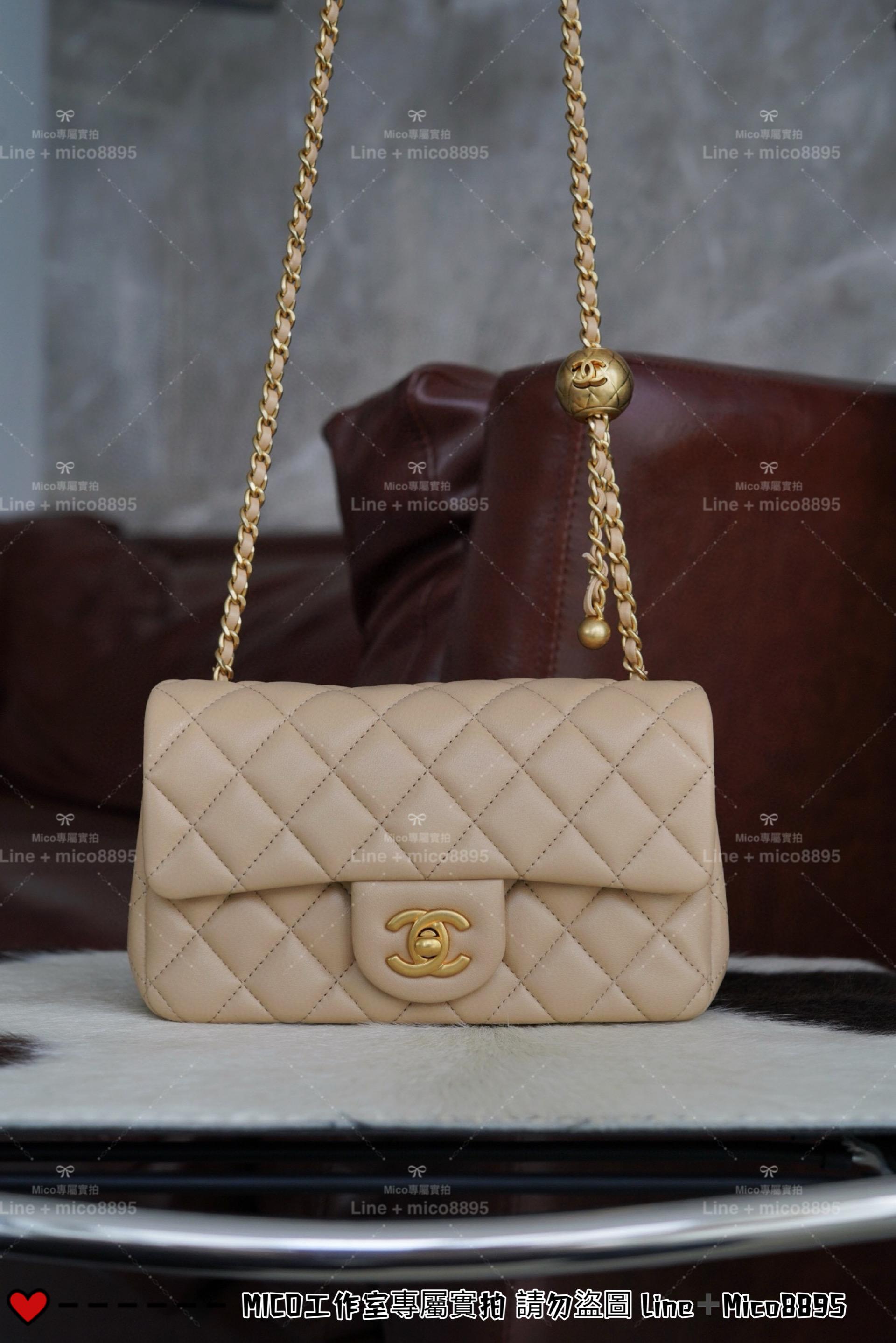 Chanel 香奈兒 新版本 杏色 金球款miniCF 小羊皮20cm