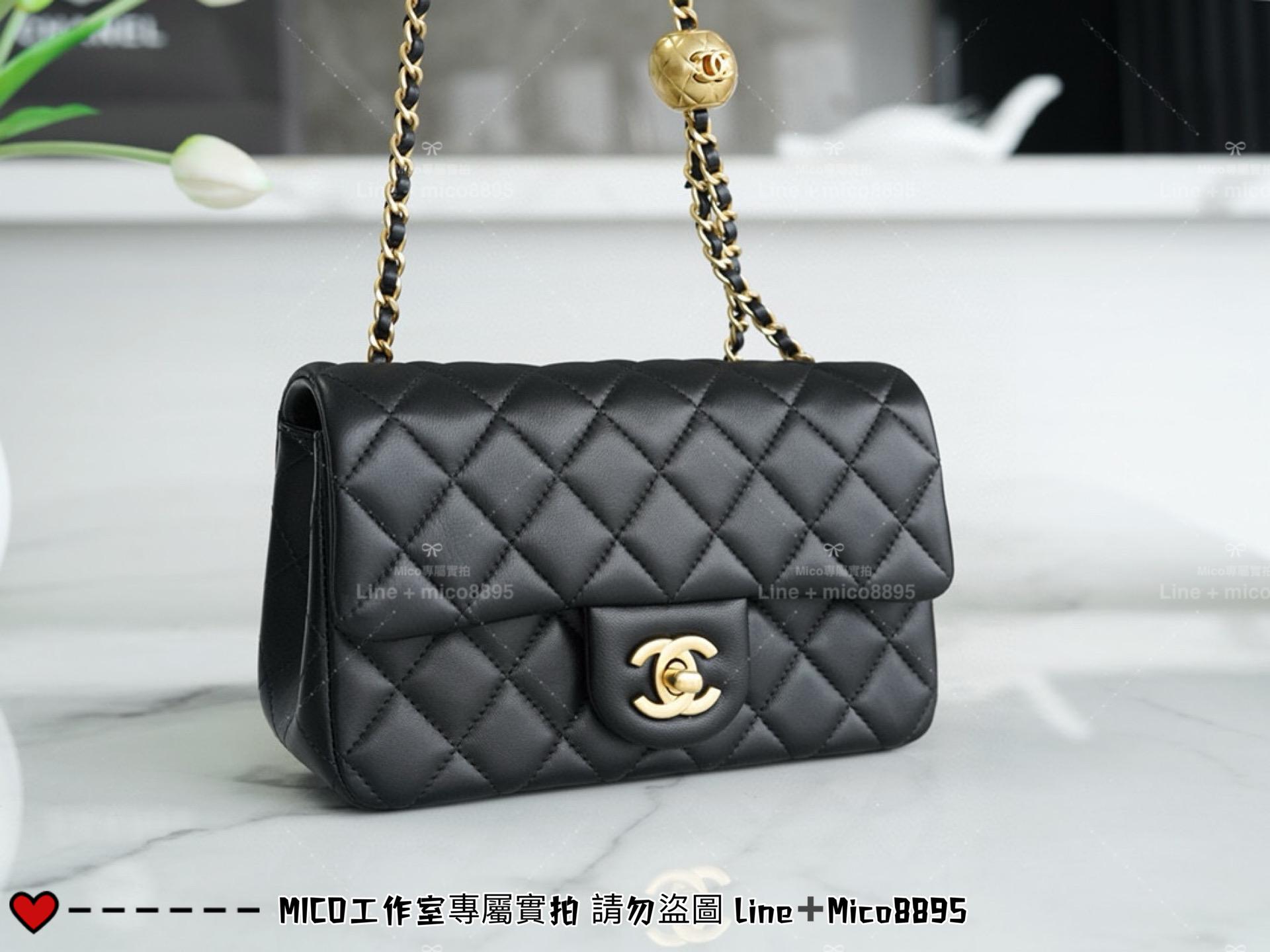 Chanel 香奈兒 新版本硬底款 黑色小羊皮 金球系列 miniCF 20cm 可調節長短