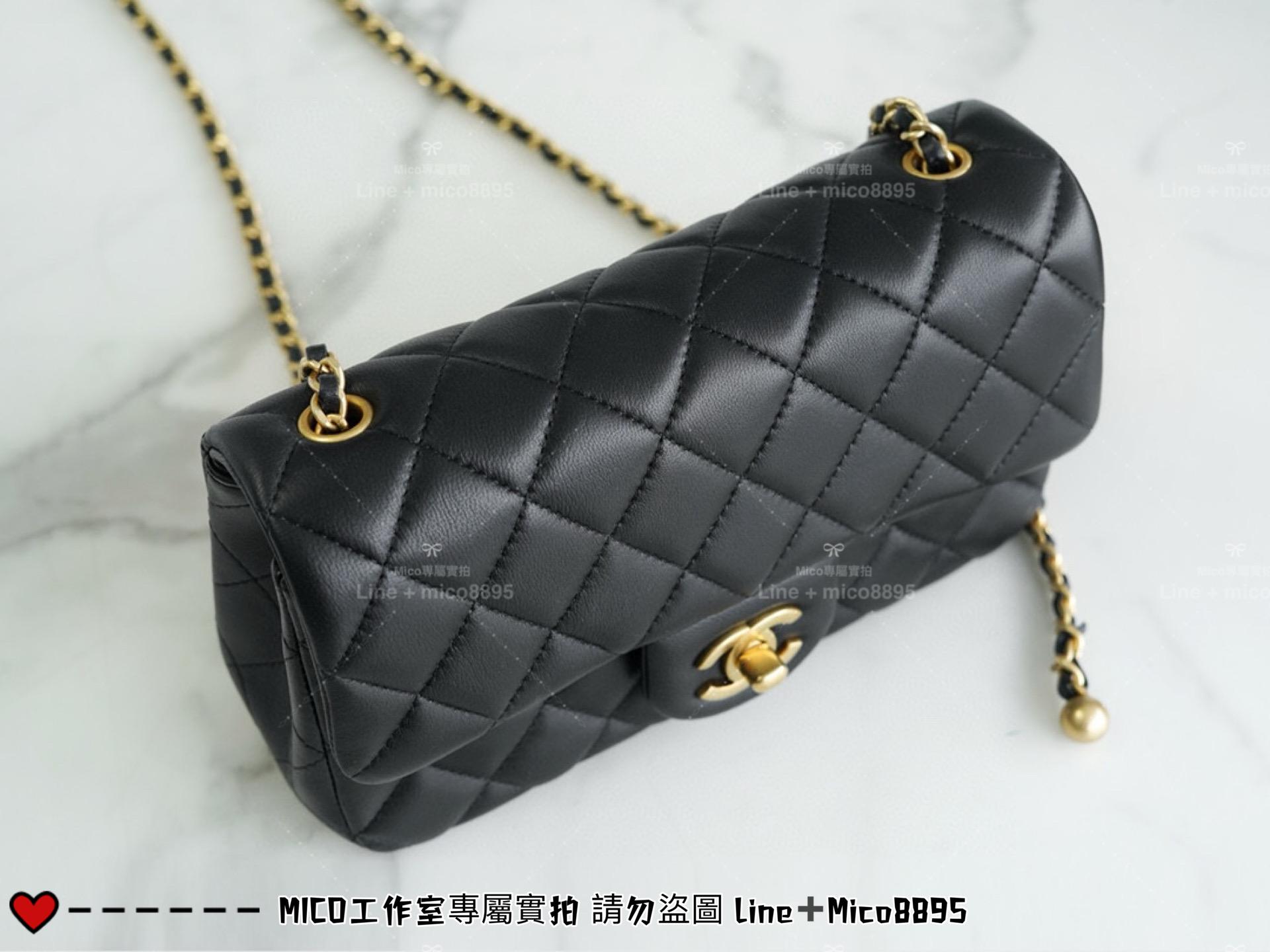 Chanel 香奈兒 新版本硬底款 黑色小羊皮 金球系列 miniCF 20cm 可調節長短