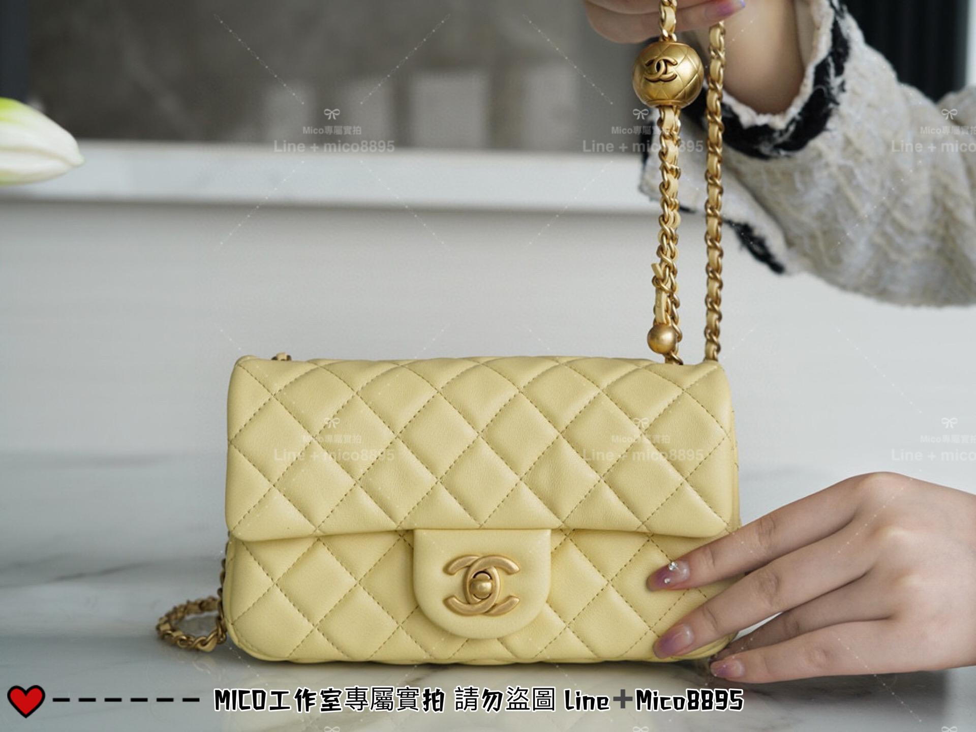 Chanel 香奈兒 新版本硬底款 小雞黃 小羊皮 金球系列 miniCF 20cm 可調節長短