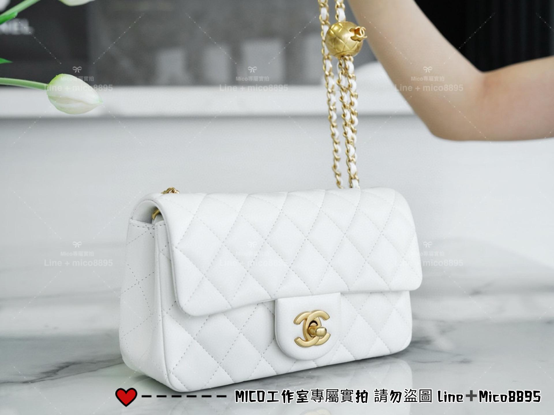 Chanel 香奈兒 新版本硬底款 仙女白 小羊皮 金球系列 miniCF 20cm 可調節長短