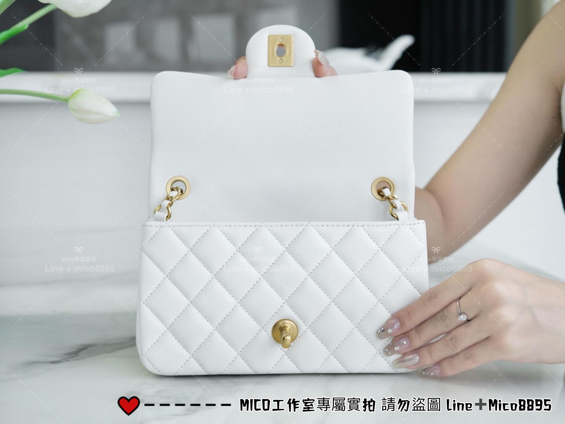 Chanel 香奈兒 新版本硬底款 仙女白 小羊皮 金球系列 miniCF 20cm 可調節長短