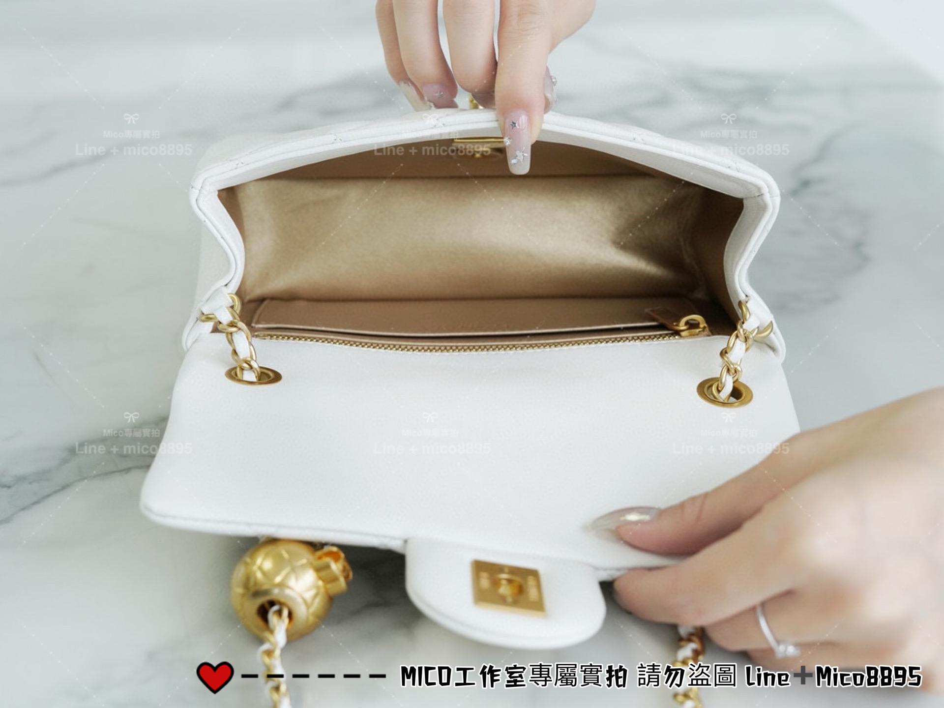 Chanel 香奈兒 新版本硬底款 仙女白 小羊皮 金球系列 miniCF 20cm 可調節長短