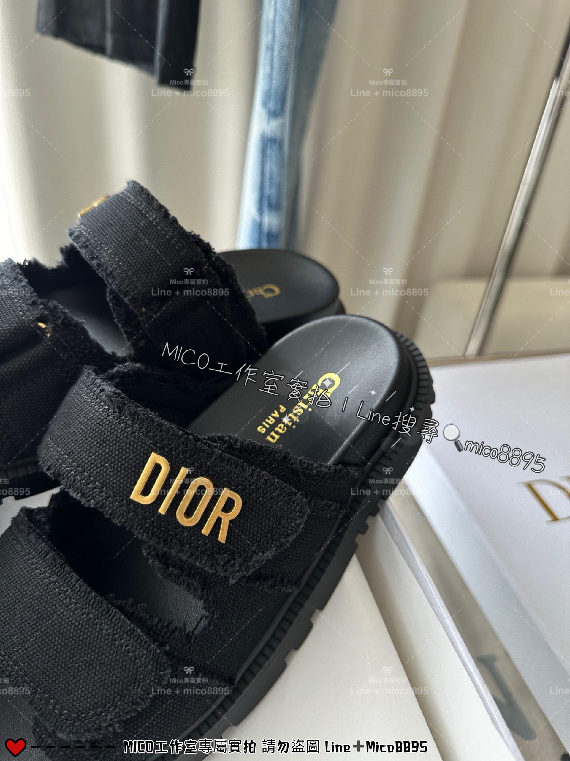 Dior 黑色 棉質帆布面料做舊魔術貼/魔鬼氈 Dioract涼拖鞋 拖鞋 35-40