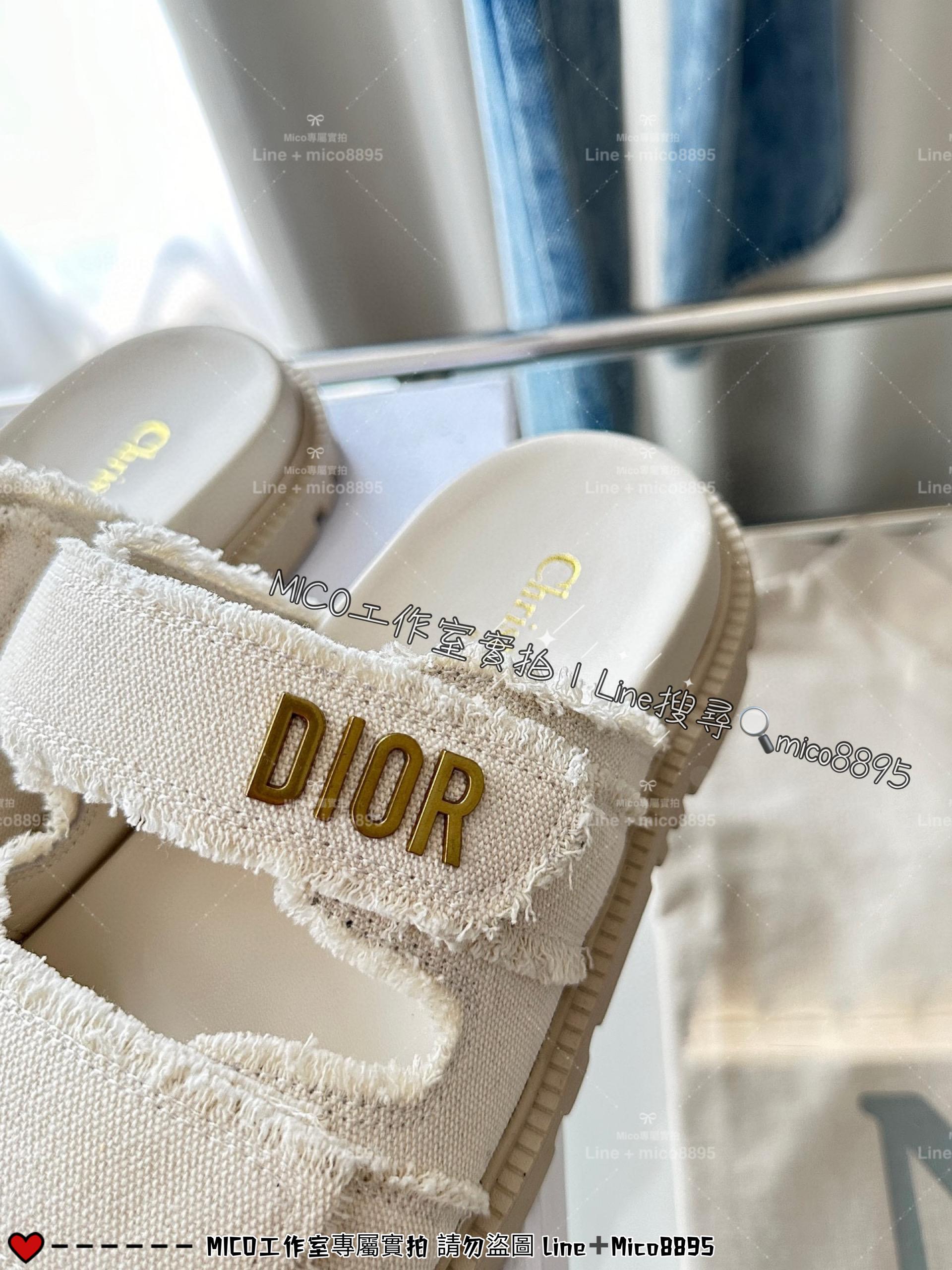 Dior 米白色 棉質帆布面料做舊魔術貼/魔鬼氈 Dioract涼拖鞋 拖鞋 35-40