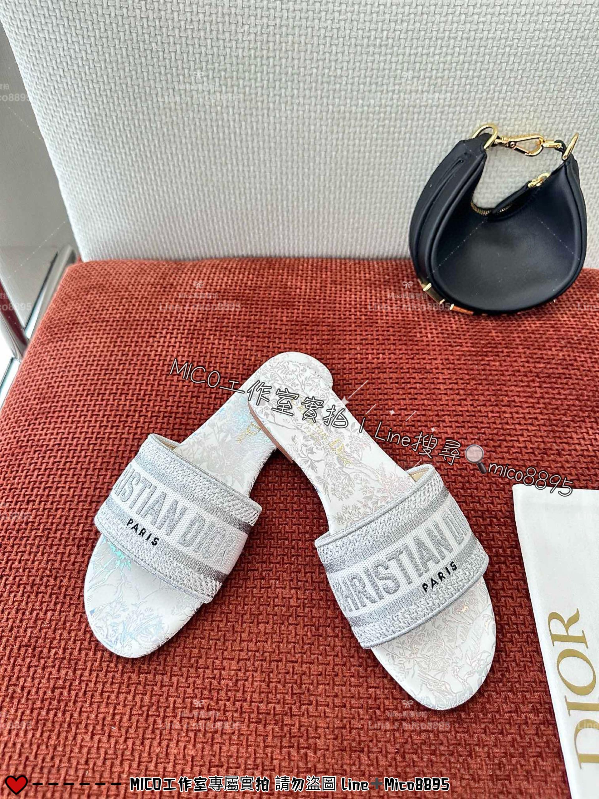 Dior 經典款 銀色平底Dway刺繡鞋面涼拖鞋 拖鞋 35-40