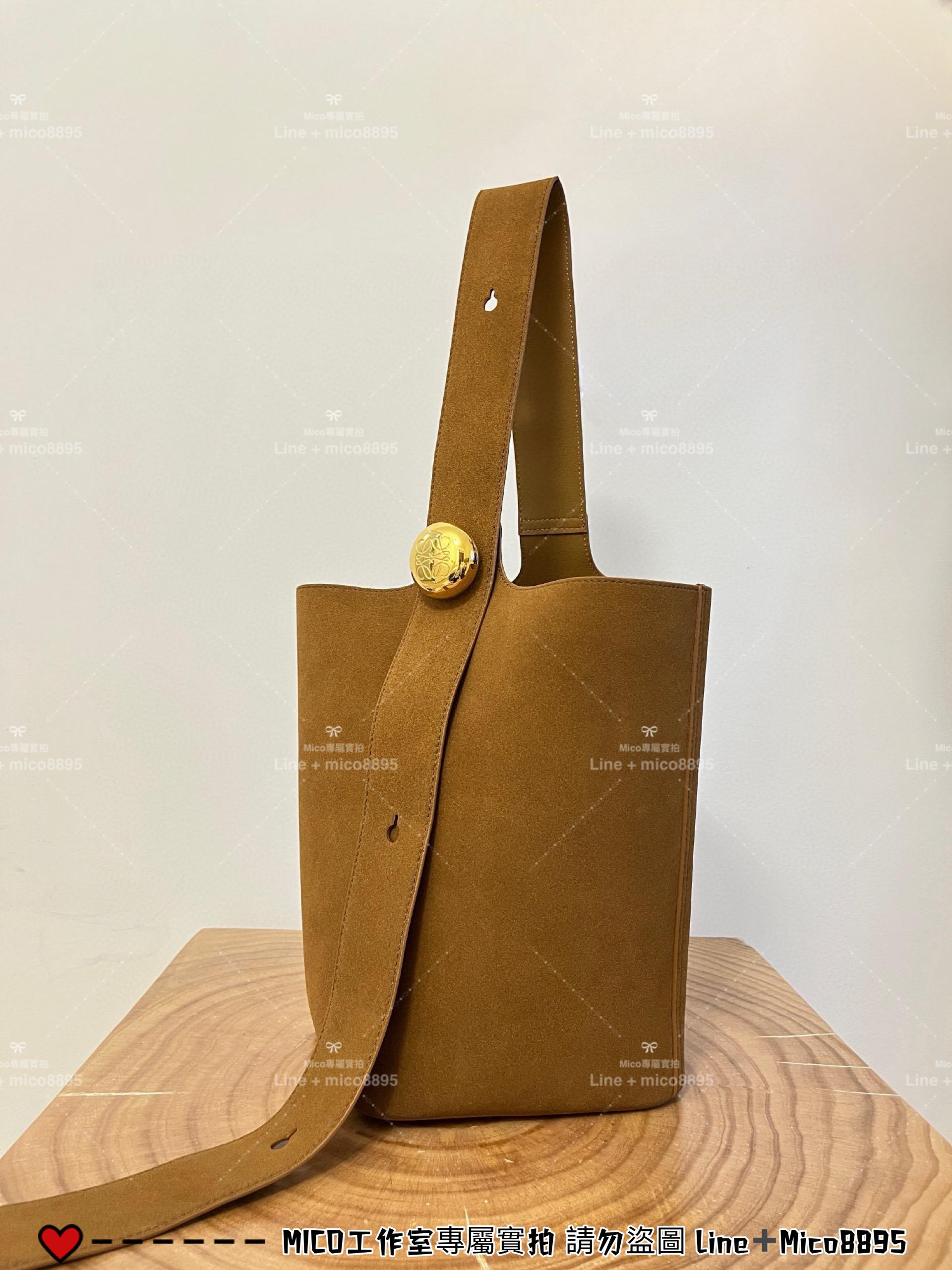 LOEWE 羅威 大號絨面牛革水桶包 煙草色 Pebble Bucket Bag 可斜挎手提 28cm