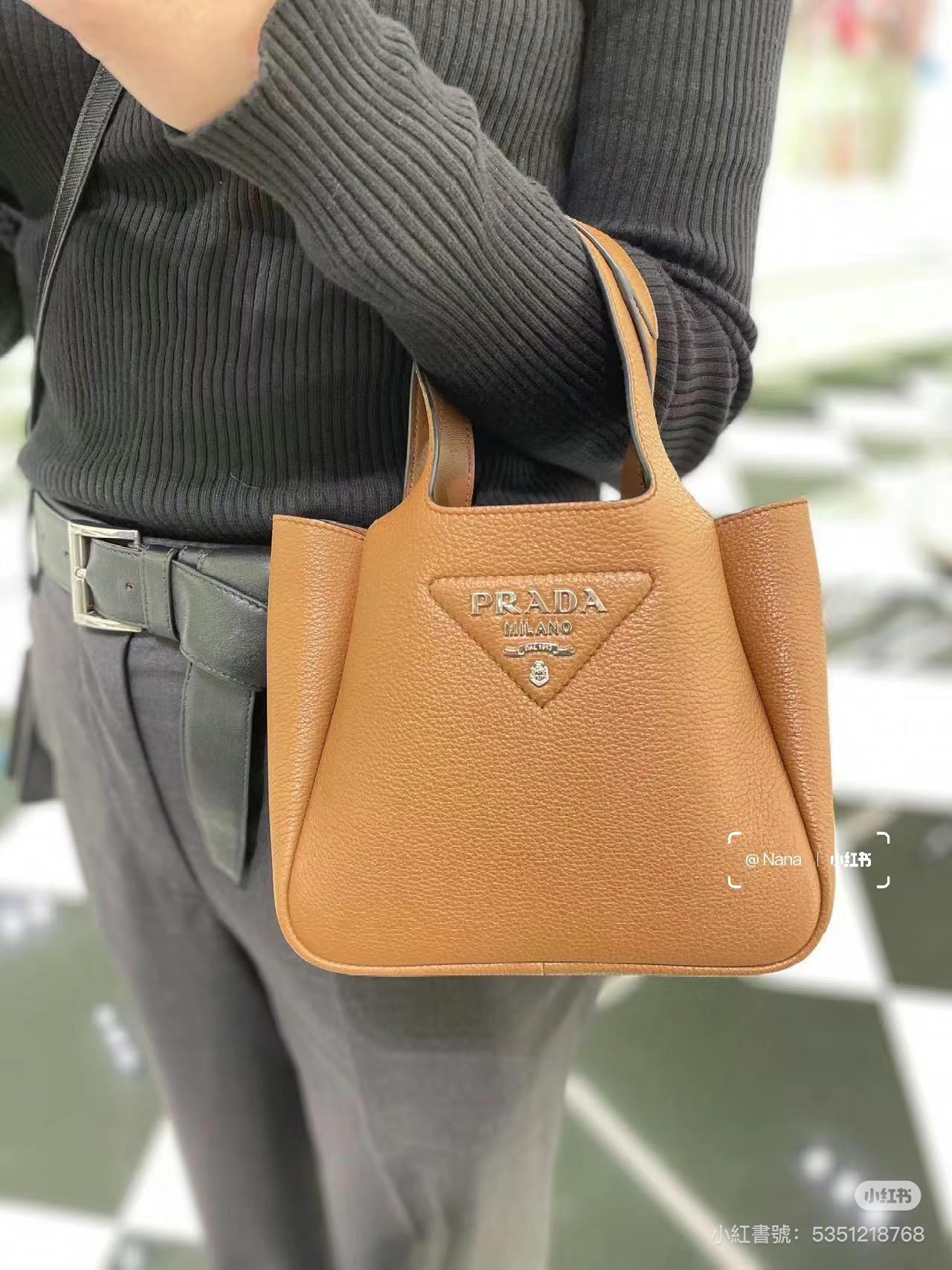 Prada Dynamique系列 焦糖色 mini手提袋托特包 菜籃子 全皮手提包 18cm