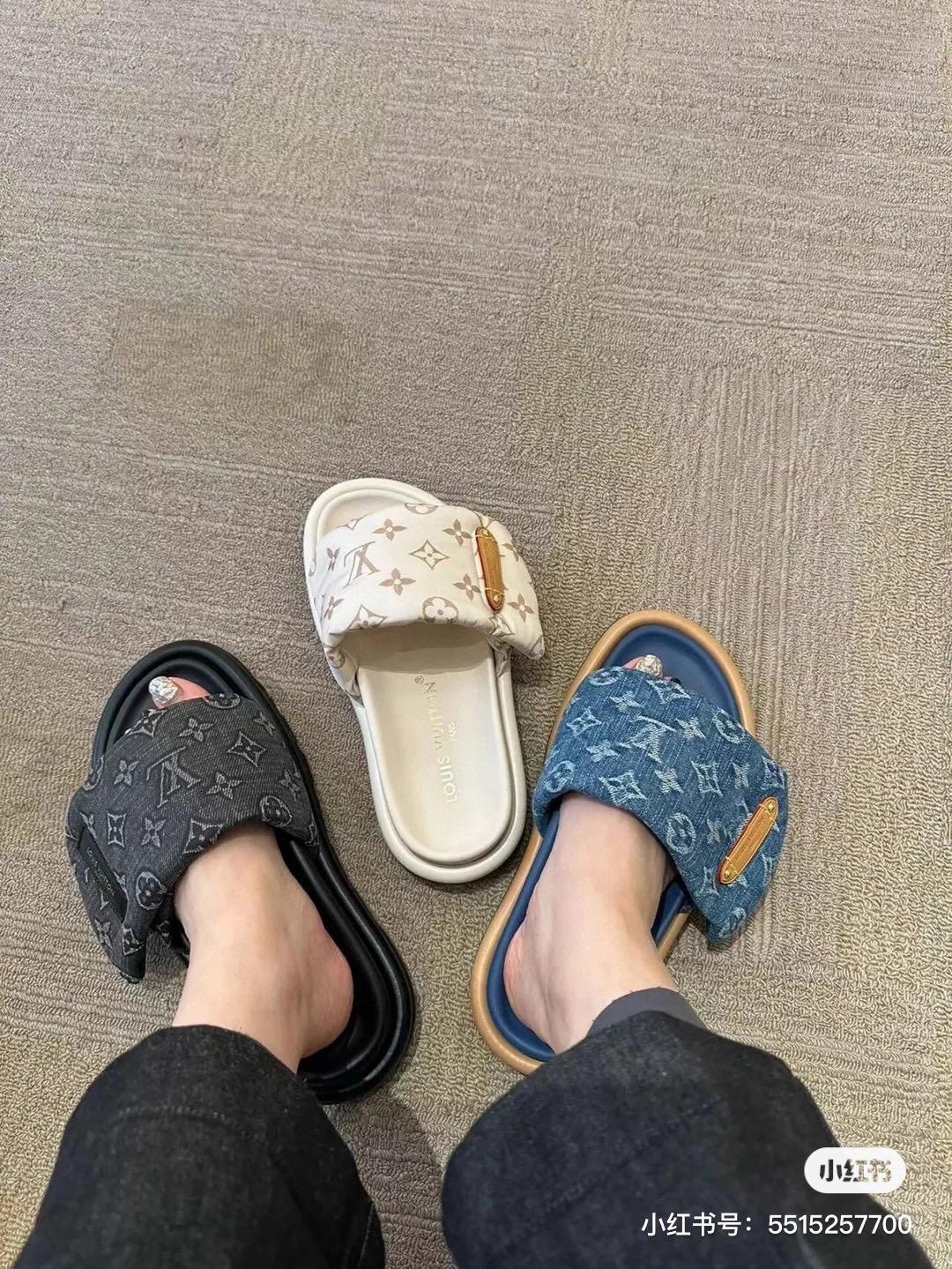 LV  Pool Pillow Comfort 牛仔丹寧logo鞋面 拖鞋 女鞋 魔術貼拖鞋 35-40