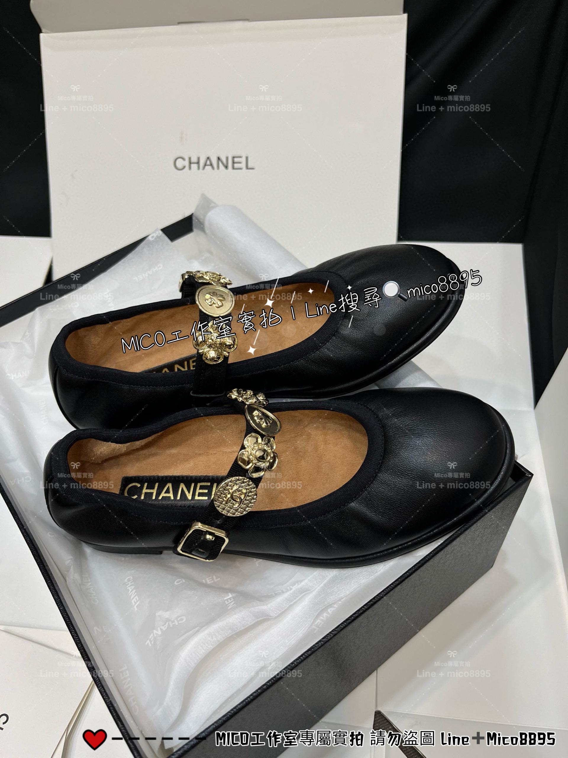 Chanel 小香 24a走秀款手工坊系列 黑色羊皮 金幣印章瑪麗珍娃娃鞋/芭蕾舞鞋 35-40