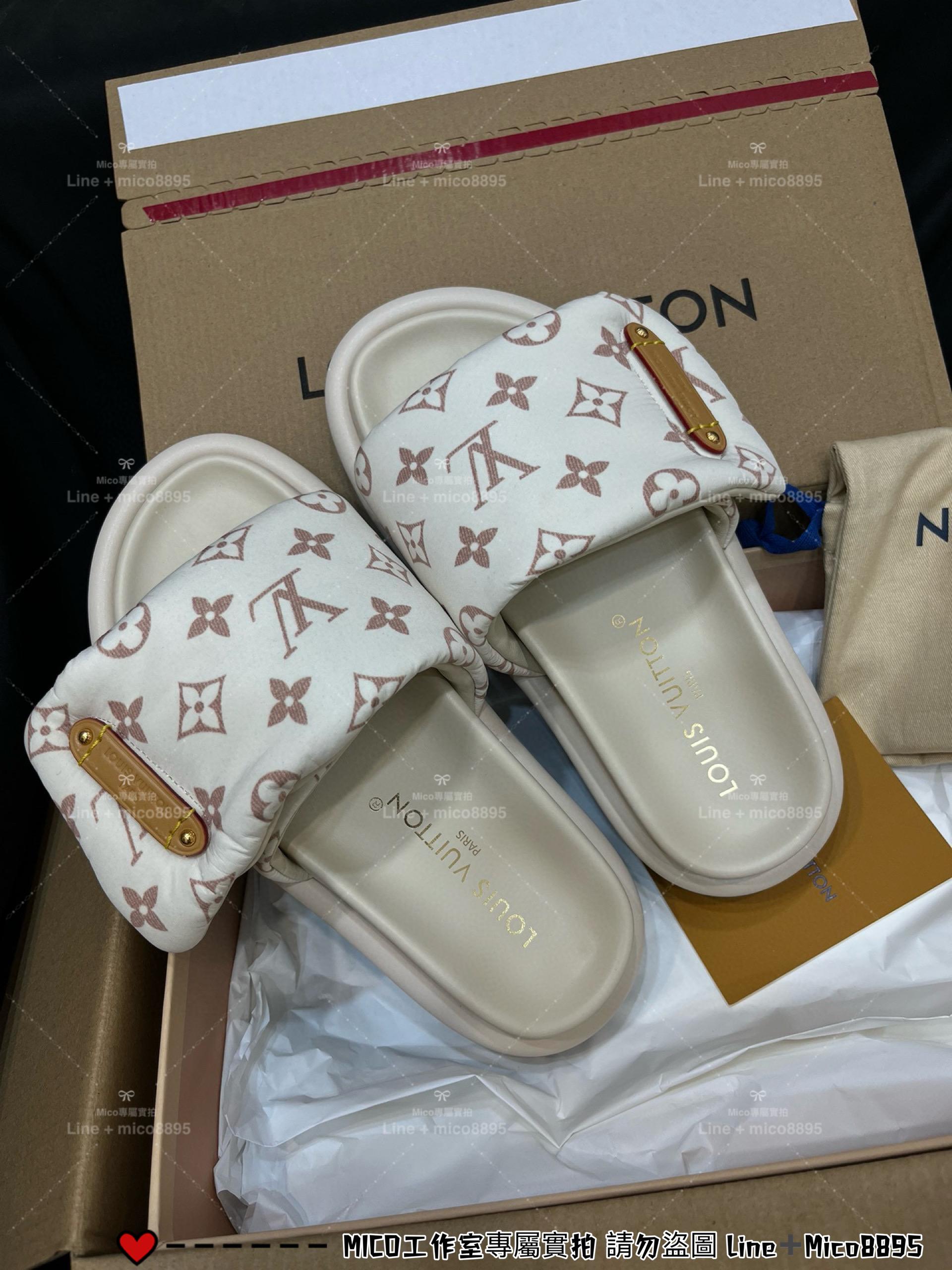 LV  Pool Pillow Comfort 尼龍布3Dlogo鞋面 拖鞋 女鞋 魔術貼拖鞋 35-40