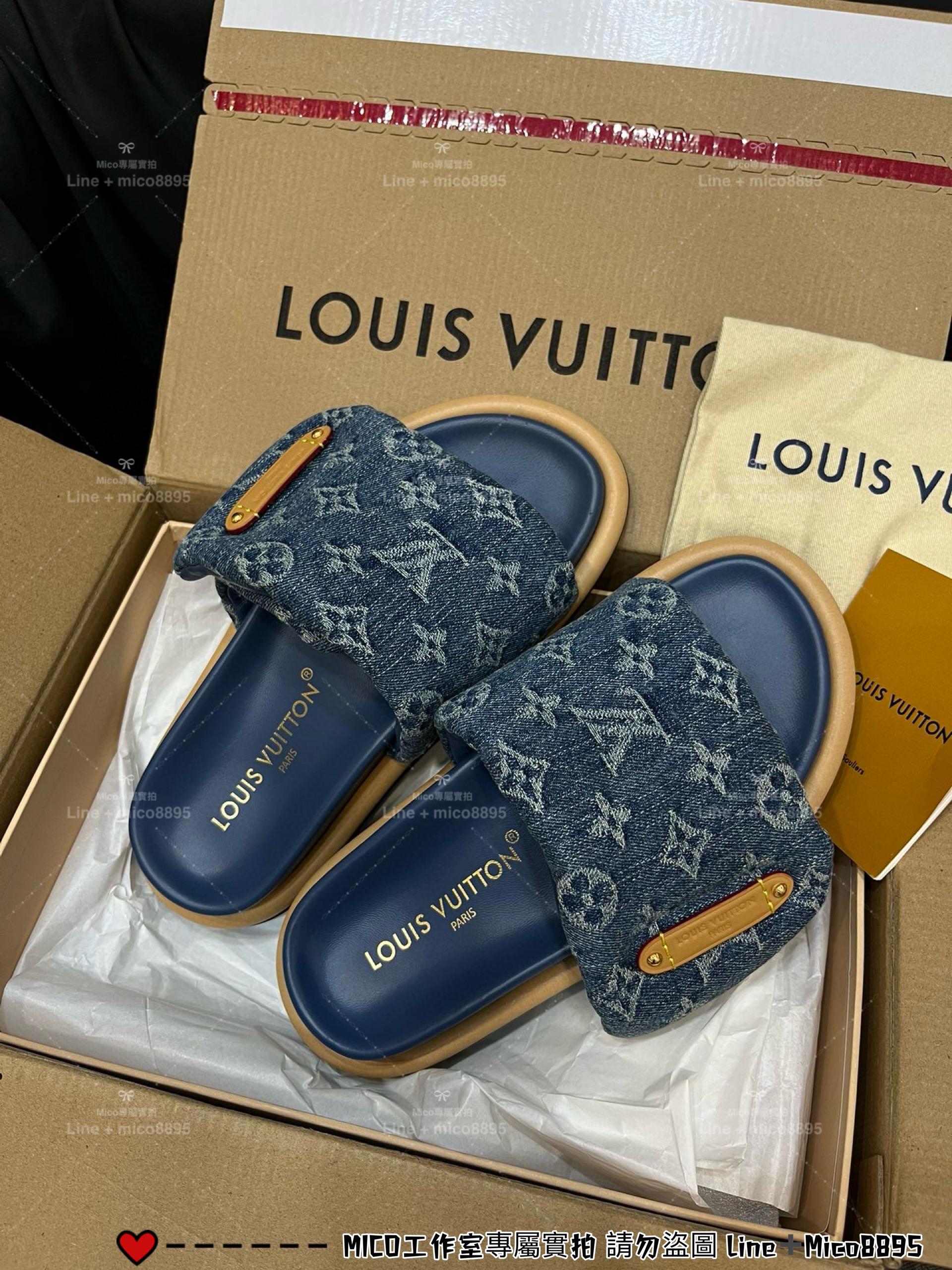 LV  Pool Pillow Comfort 藍色牛仔丹寧logo鞋面 拖鞋 女鞋 魔術貼拖鞋 35-40