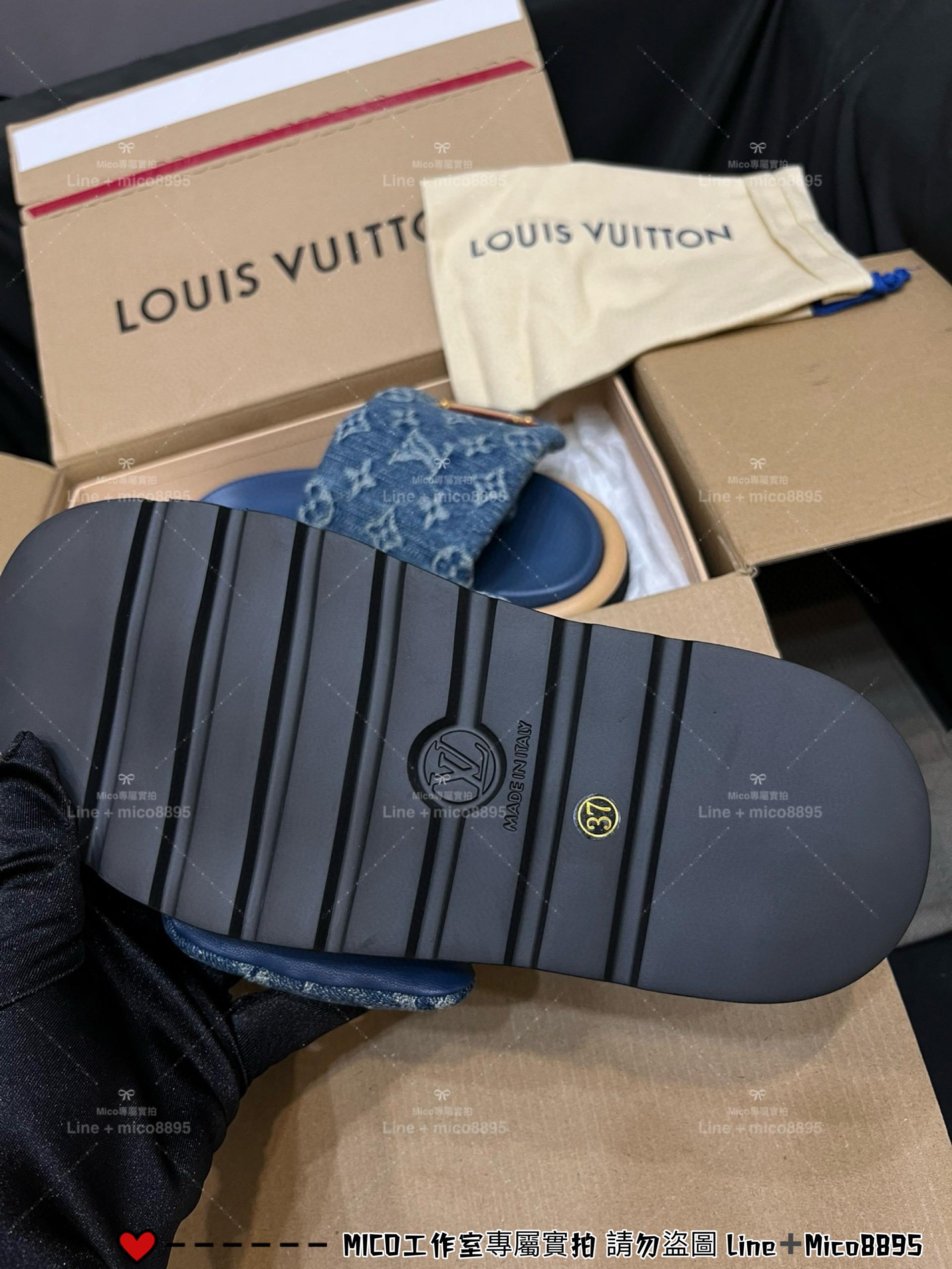 LV  Pool Pillow Comfort 藍色牛仔丹寧logo鞋面 拖鞋 女鞋 魔術貼拖鞋 35-40