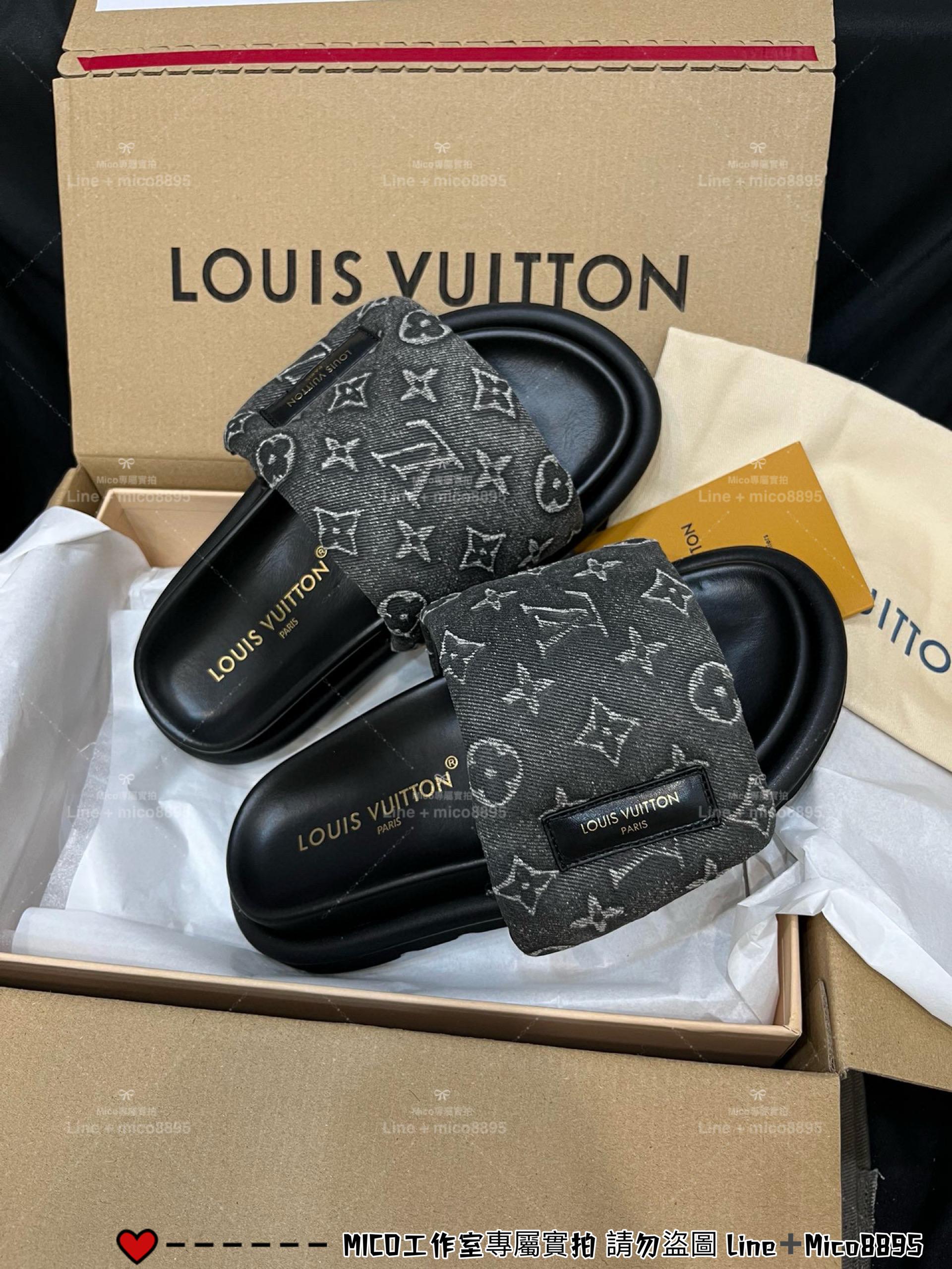 LV  Pool Pillow Comfort 牛仔丹寧logo鞋面 拖鞋 女鞋 魔術貼拖鞋 35-40