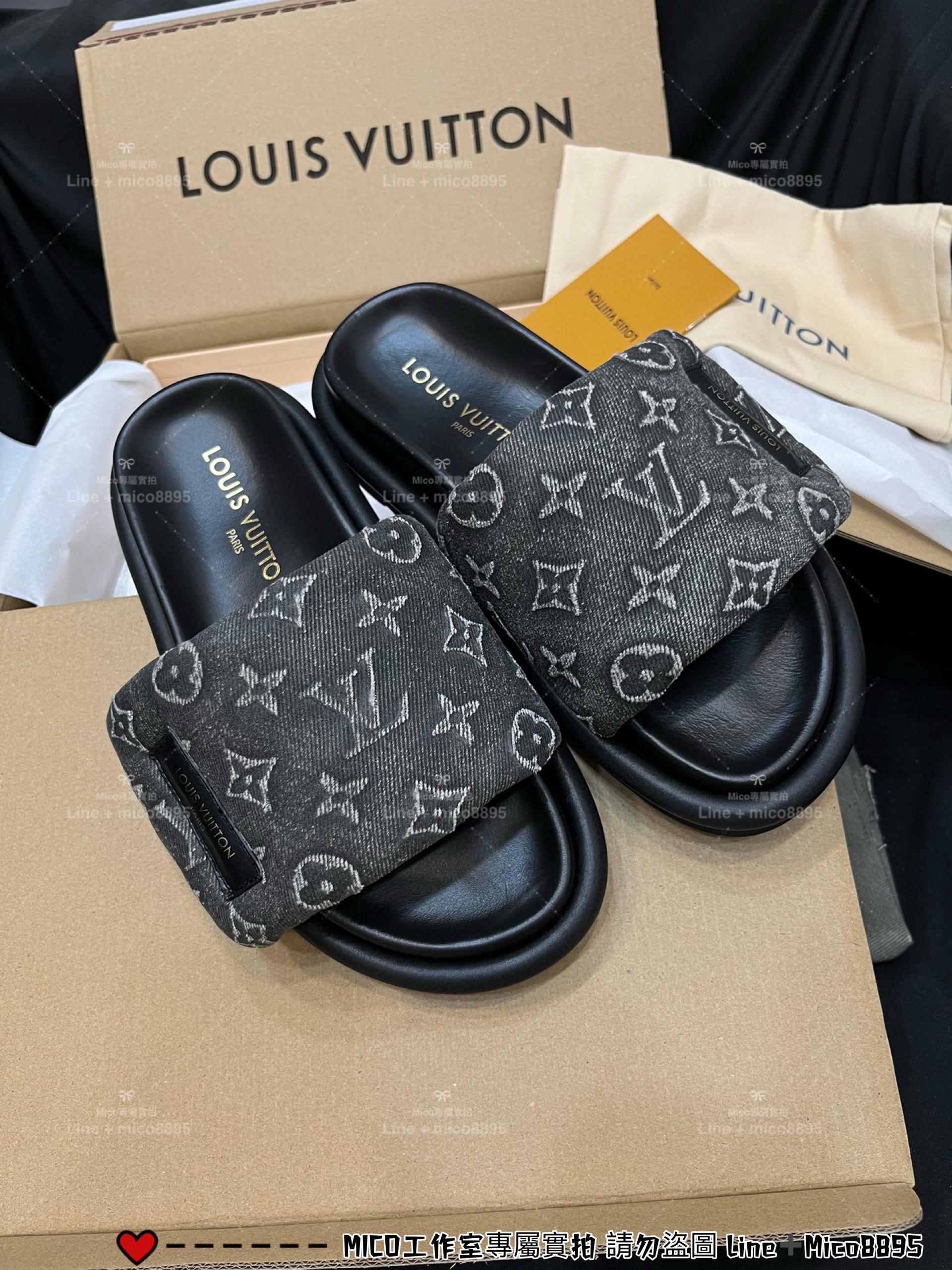 LV  Pool Pillow Comfort 牛仔丹寧logo鞋面 拖鞋 女鞋 魔術貼拖鞋 35-40