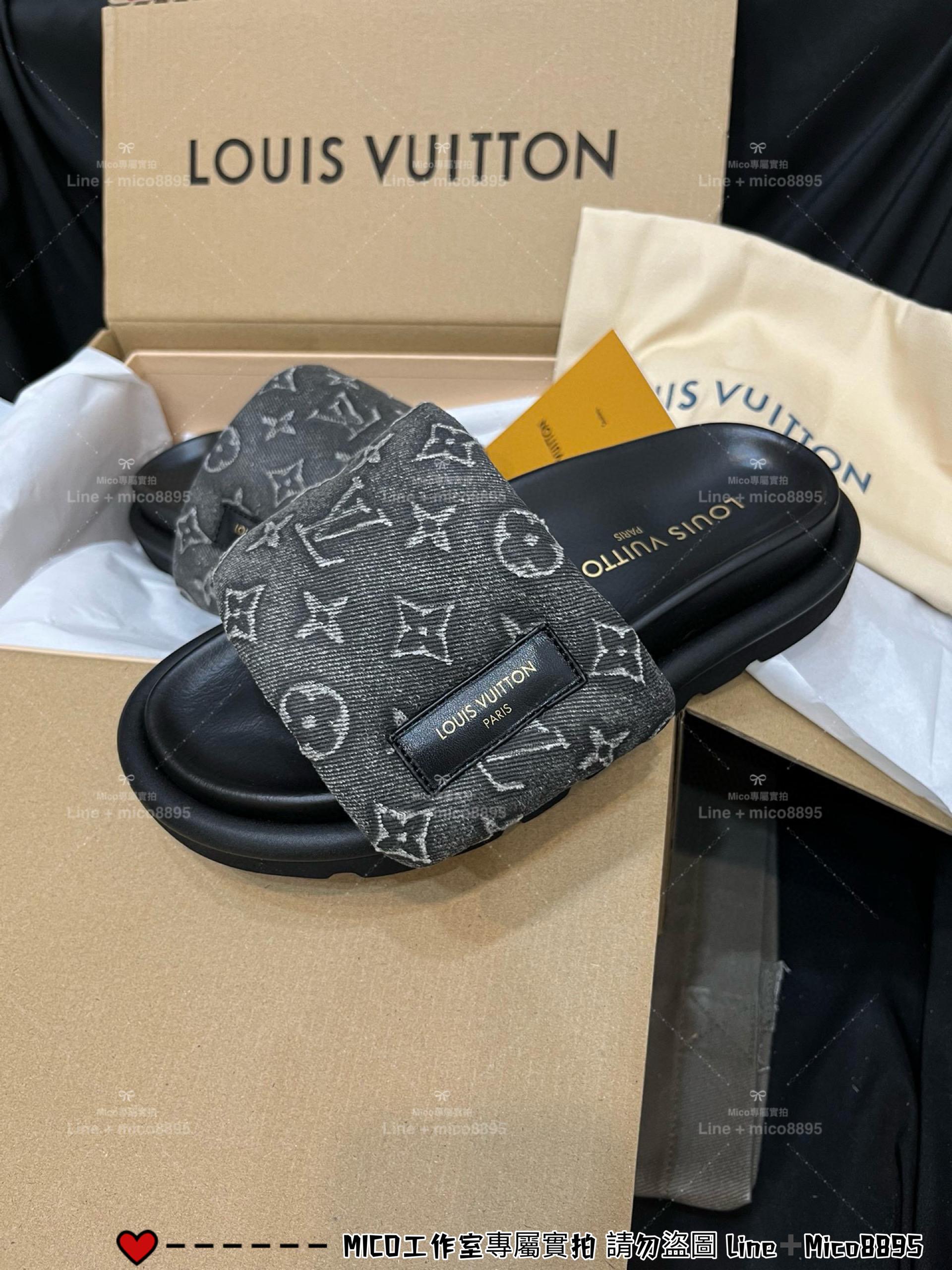 LV  Pool Pillow Comfort 牛仔丹寧logo鞋面 拖鞋 女鞋 魔術貼拖鞋 35-40