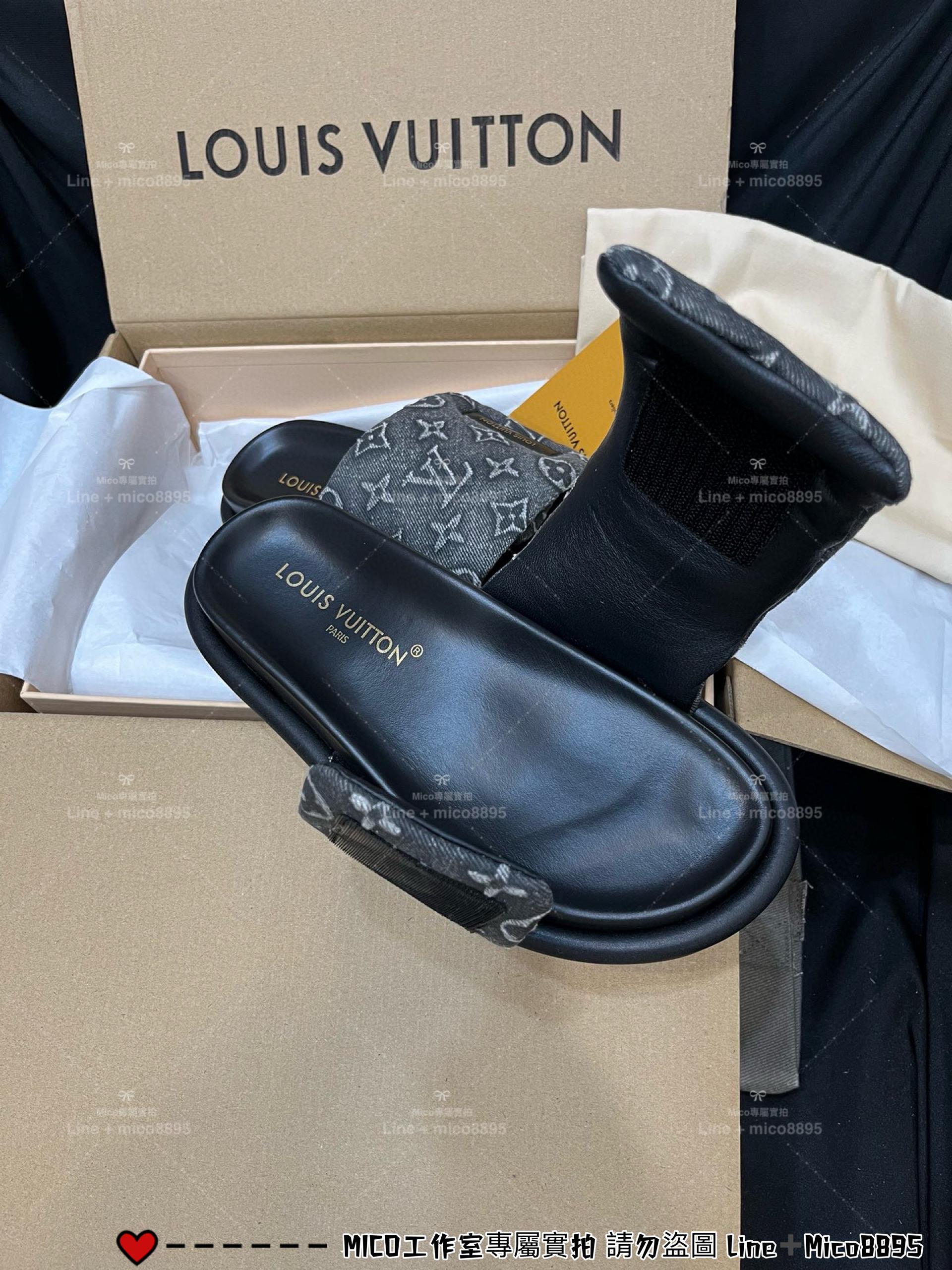 LV  Pool Pillow Comfort 牛仔丹寧logo鞋面 拖鞋 女鞋 魔術貼拖鞋 35-40