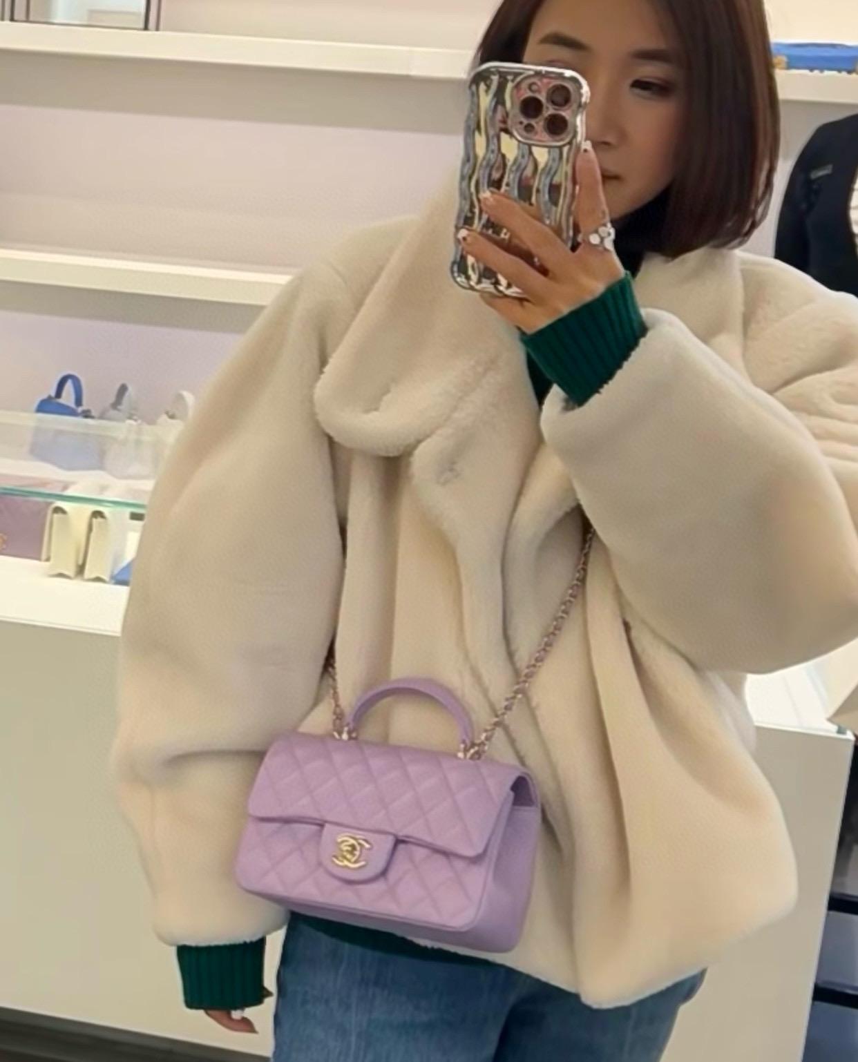 CHANEL｜紫色羊皮淡金釦 24p 手柄CF手提斜跨包 miniCF手提包 20cm