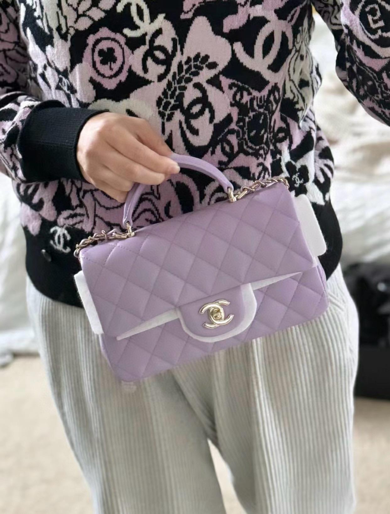 CHANEL｜紫色羊皮淡金釦 24p 手柄CF手提斜跨包 miniCF手提包 20cm