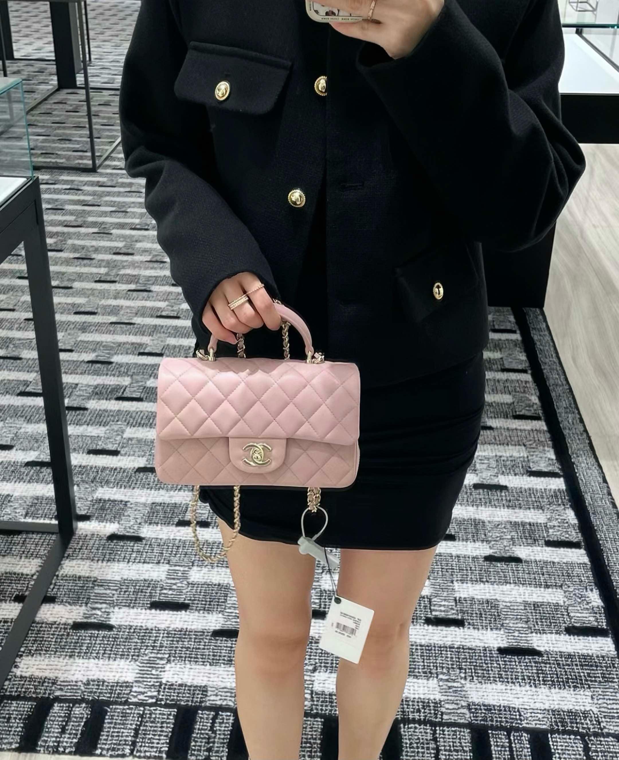 CHANEL｜藕粉色羊皮淡金釦 24p 手柄CF手提斜跨包 miniCF手提包 20cm