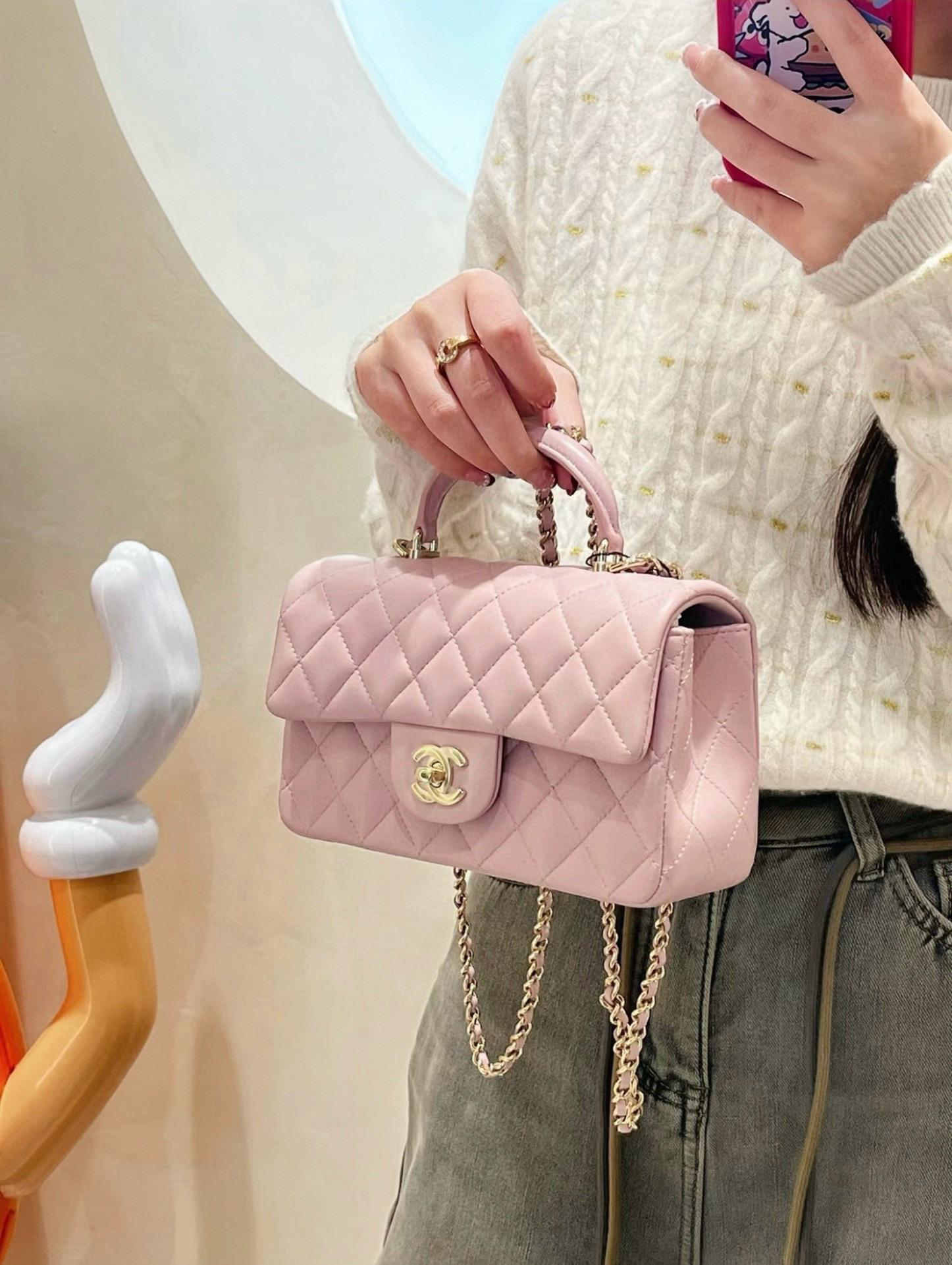 CHANEL｜藕粉色羊皮淡金釦 24p 手柄CF手提斜跨包 miniCF手提包 20cm