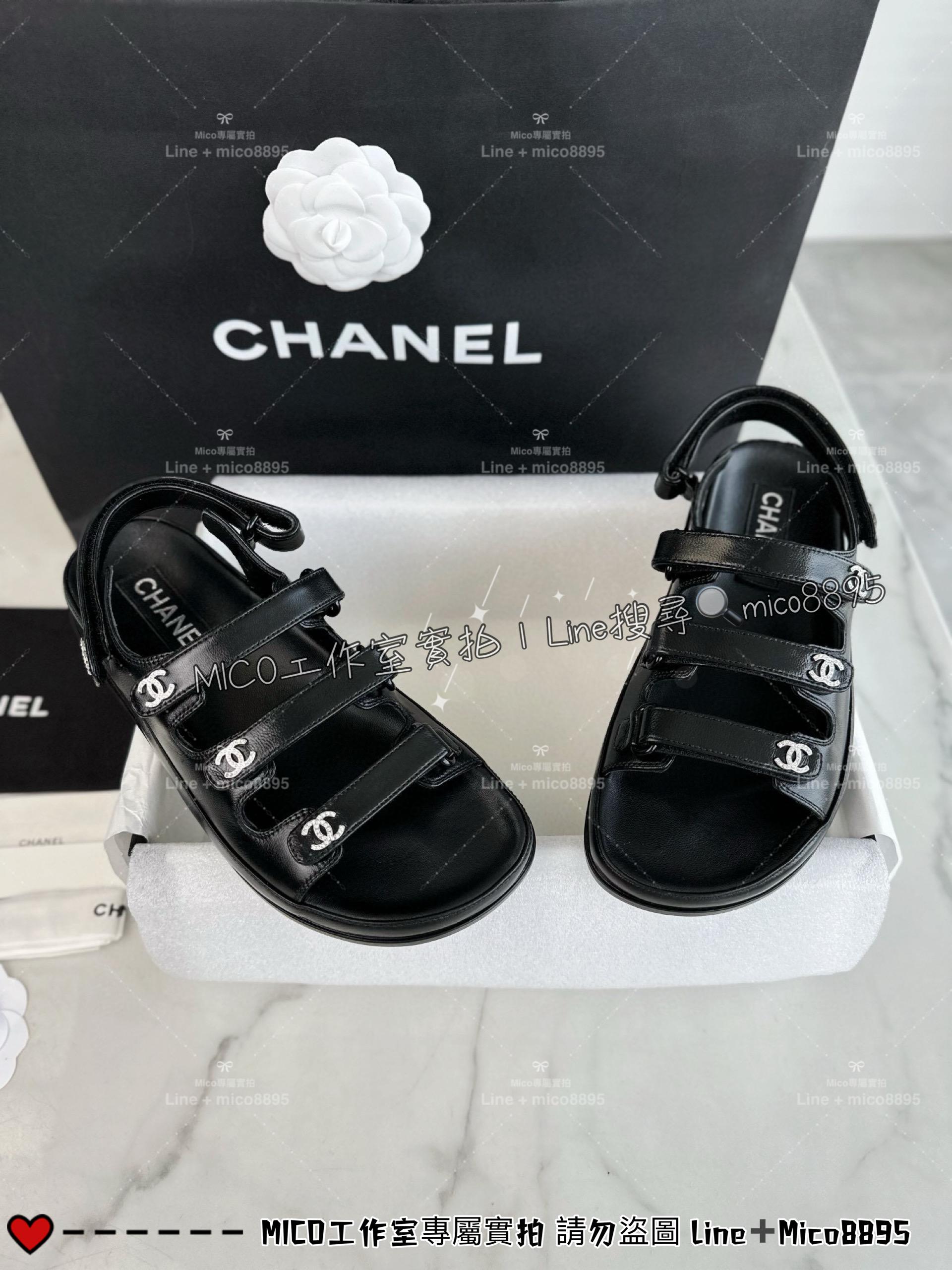 CHANEL｜24s 黑色 羊皮三槓雙c水鑽沙灘涼鞋 女鞋 35-40