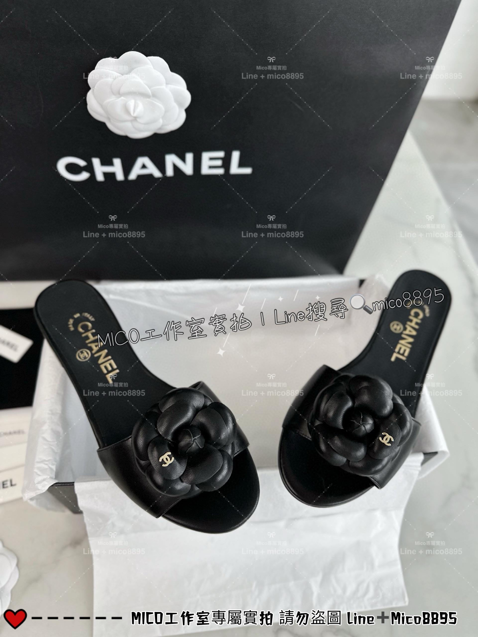 CHANEL｜24p 黑色羊皮山茶花一字拖鞋 女鞋 35-40