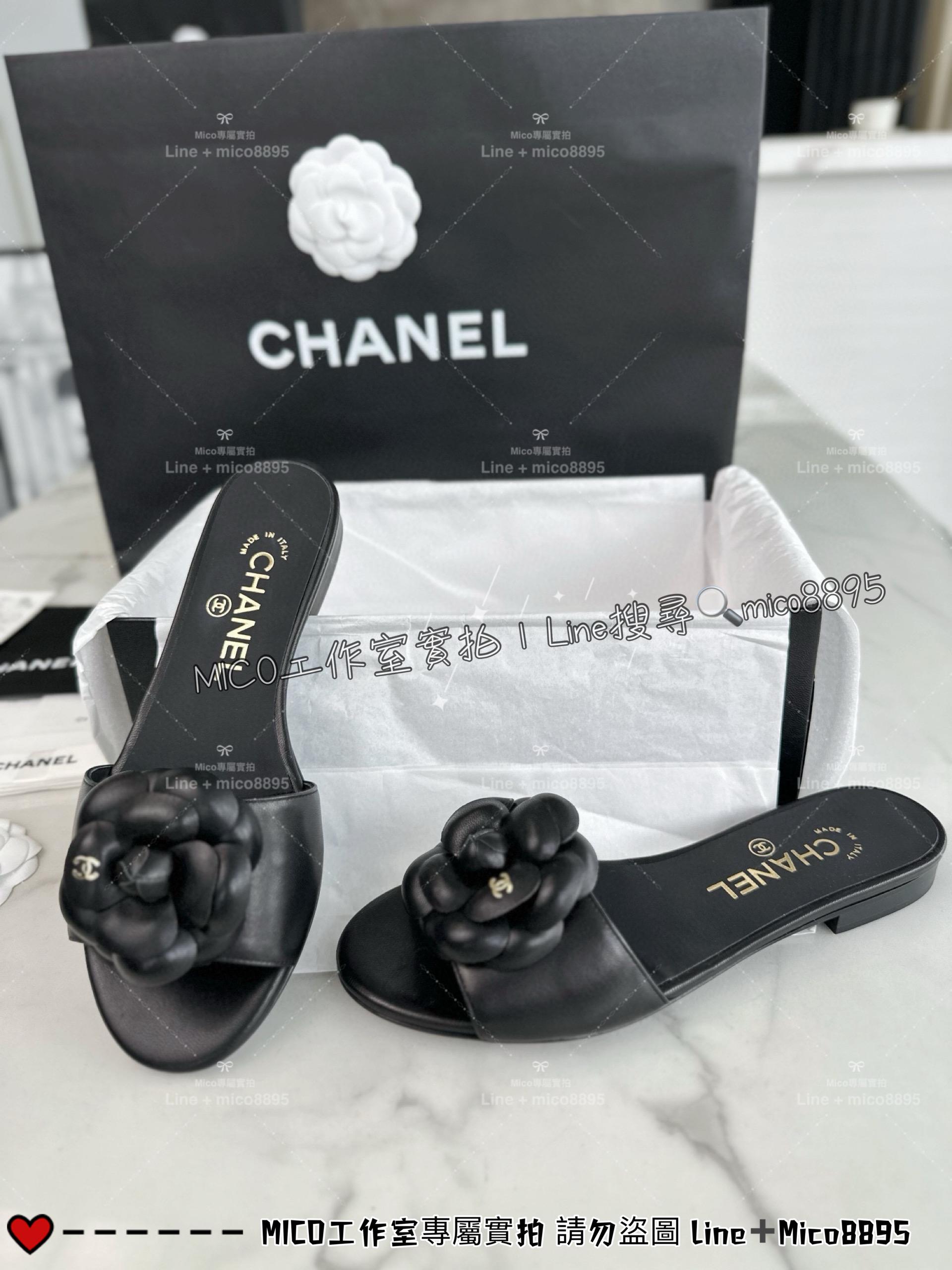 CHANEL｜24p 黑色羊皮山茶花一字拖鞋 女鞋 35-40