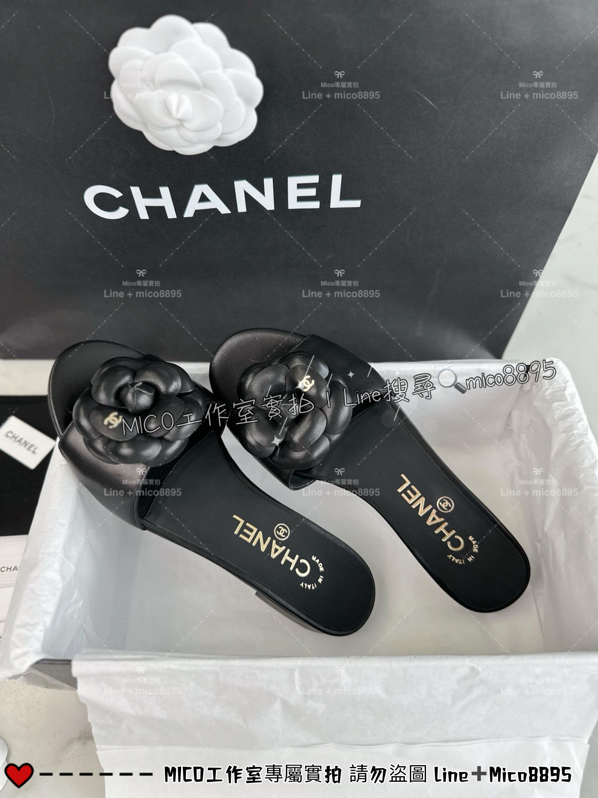 CHANEL｜24p 黑色羊皮山茶花一字拖鞋 女鞋 35-40