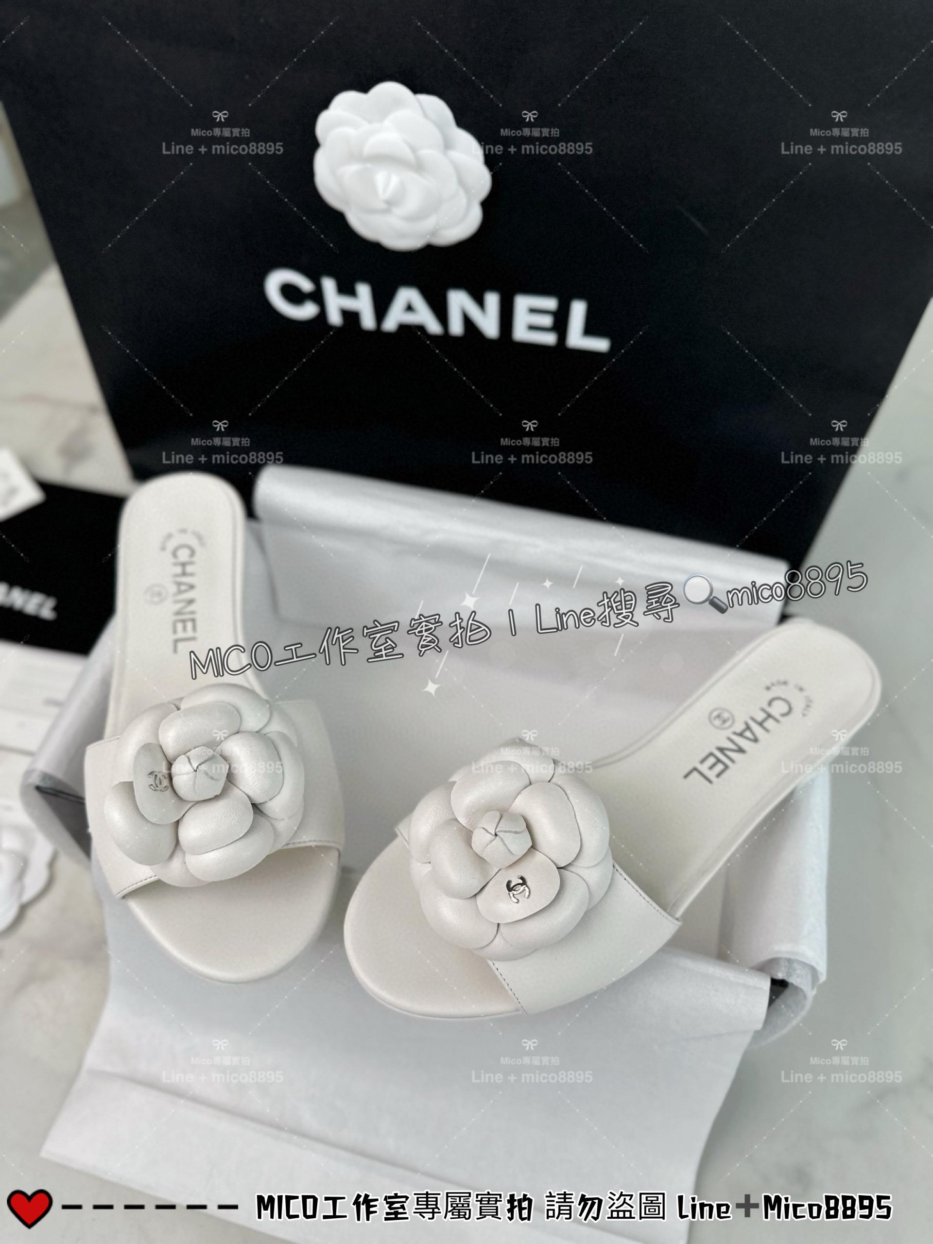 CHANEL｜24p 白色羊皮山茶花一字拖鞋 女鞋 35-40