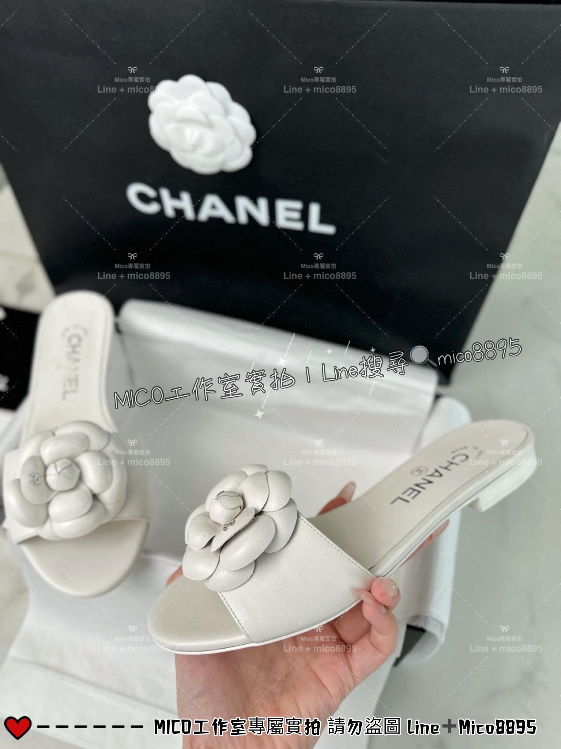 CHANEL｜24p 白色羊皮山茶花一字拖鞋 女鞋 35-40