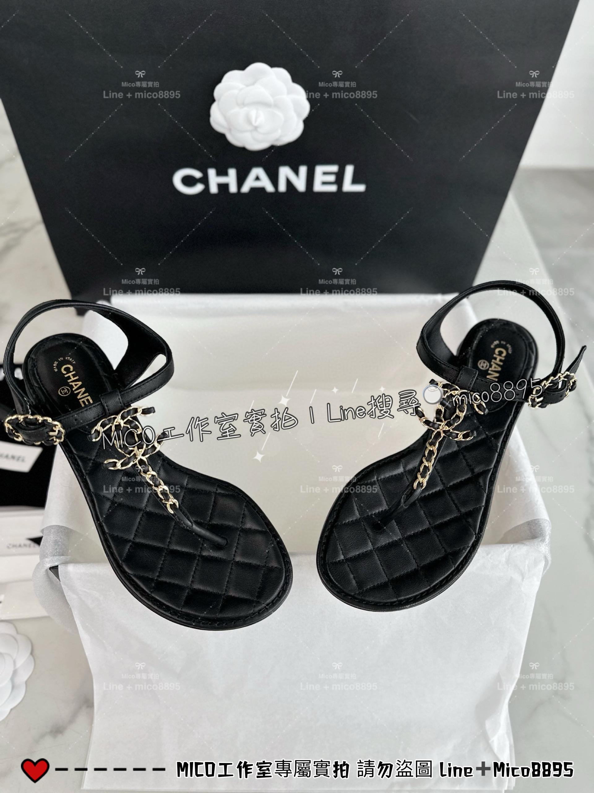 CHANEL｜𝟐𝟒c 19系列 皮穿鏈雙C粗跟夾腳涼鞋/女鞋 35-40