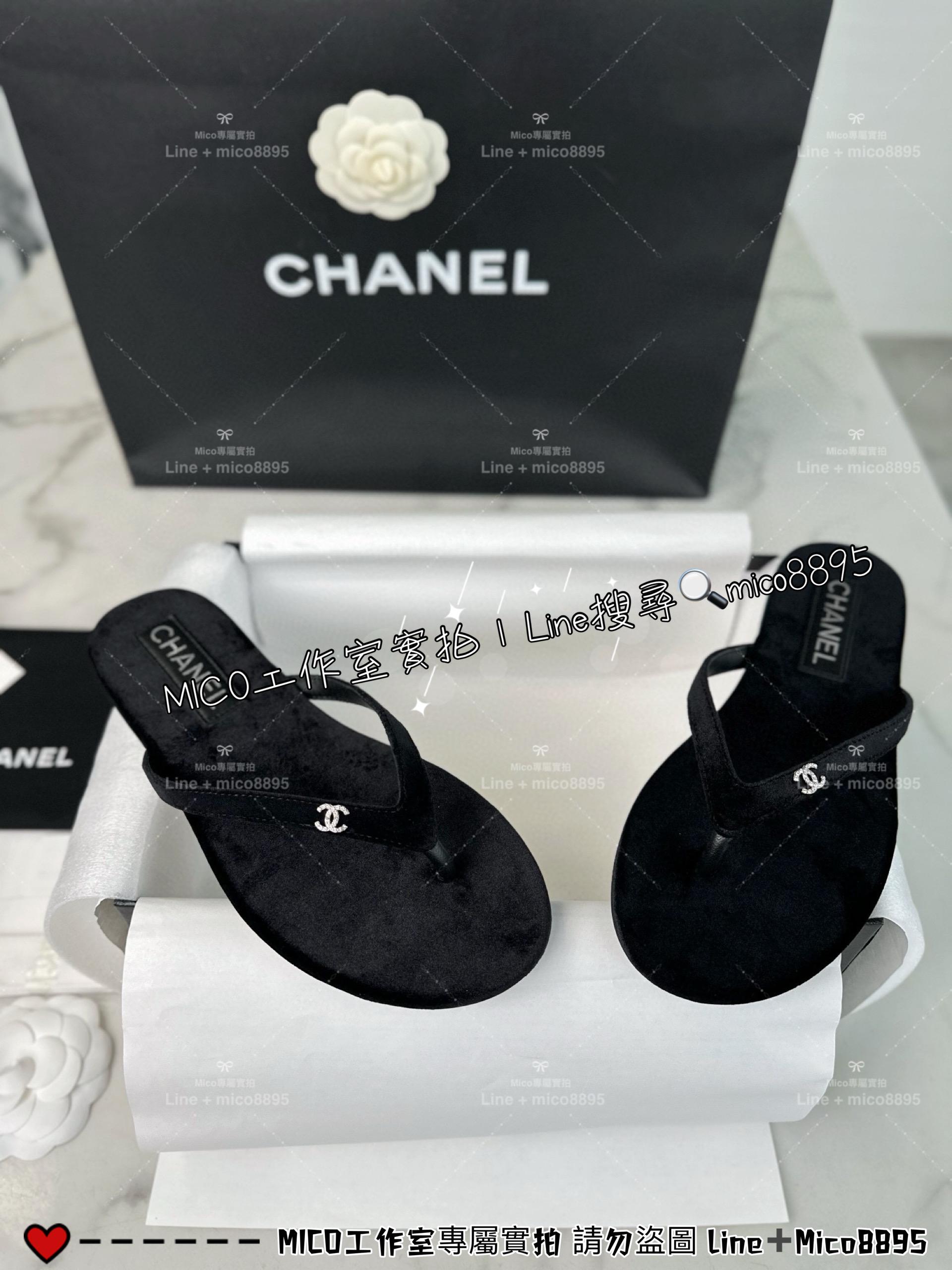 CHANEL｜24s 黑色絲絨夾腳人字拖鞋/夾腳涼鞋 拖鞋/女鞋 35-40