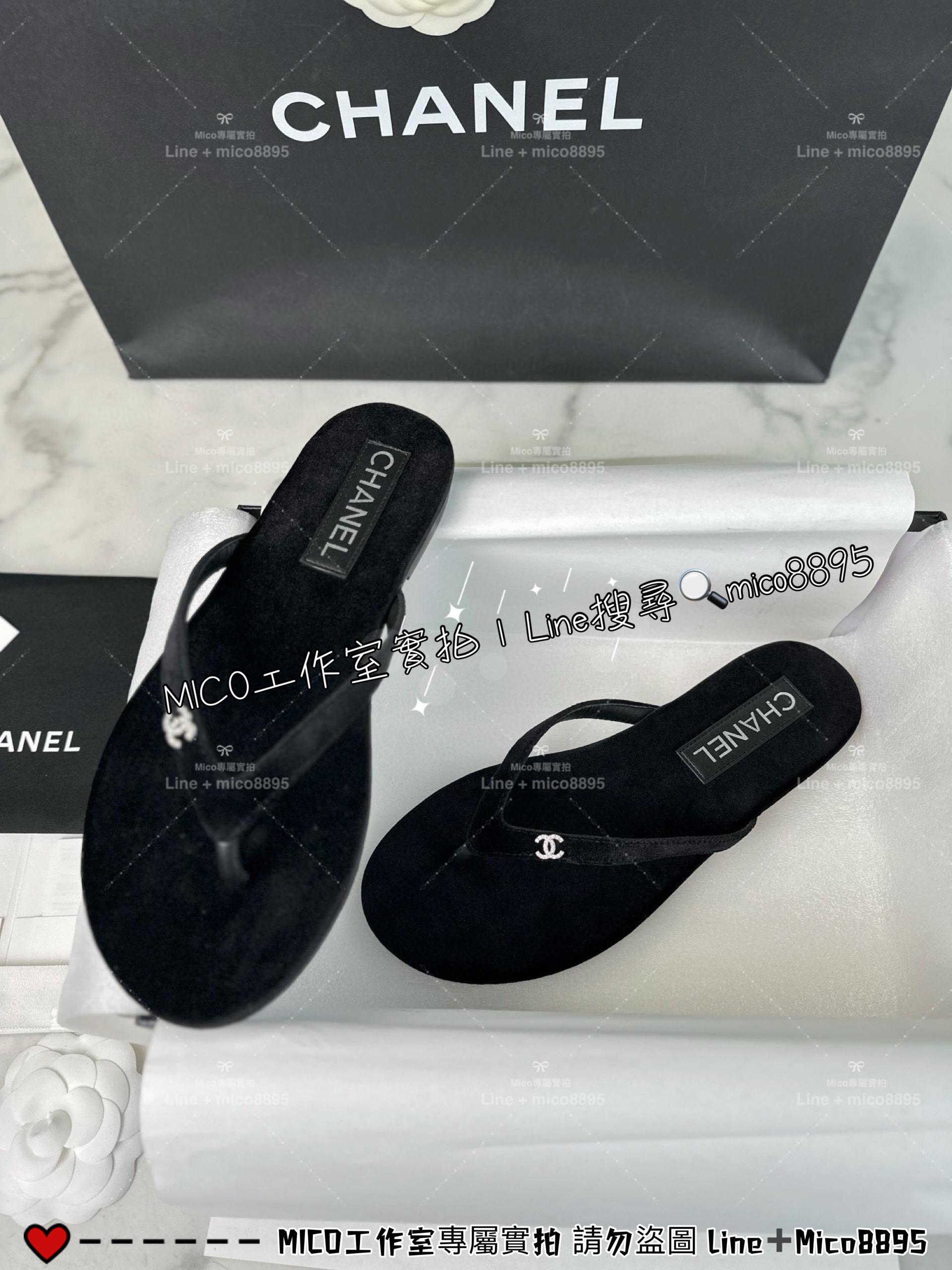 CHANEL｜24s 黑色絲絨夾腳人字拖鞋/夾腳涼鞋 拖鞋/女鞋 35-40