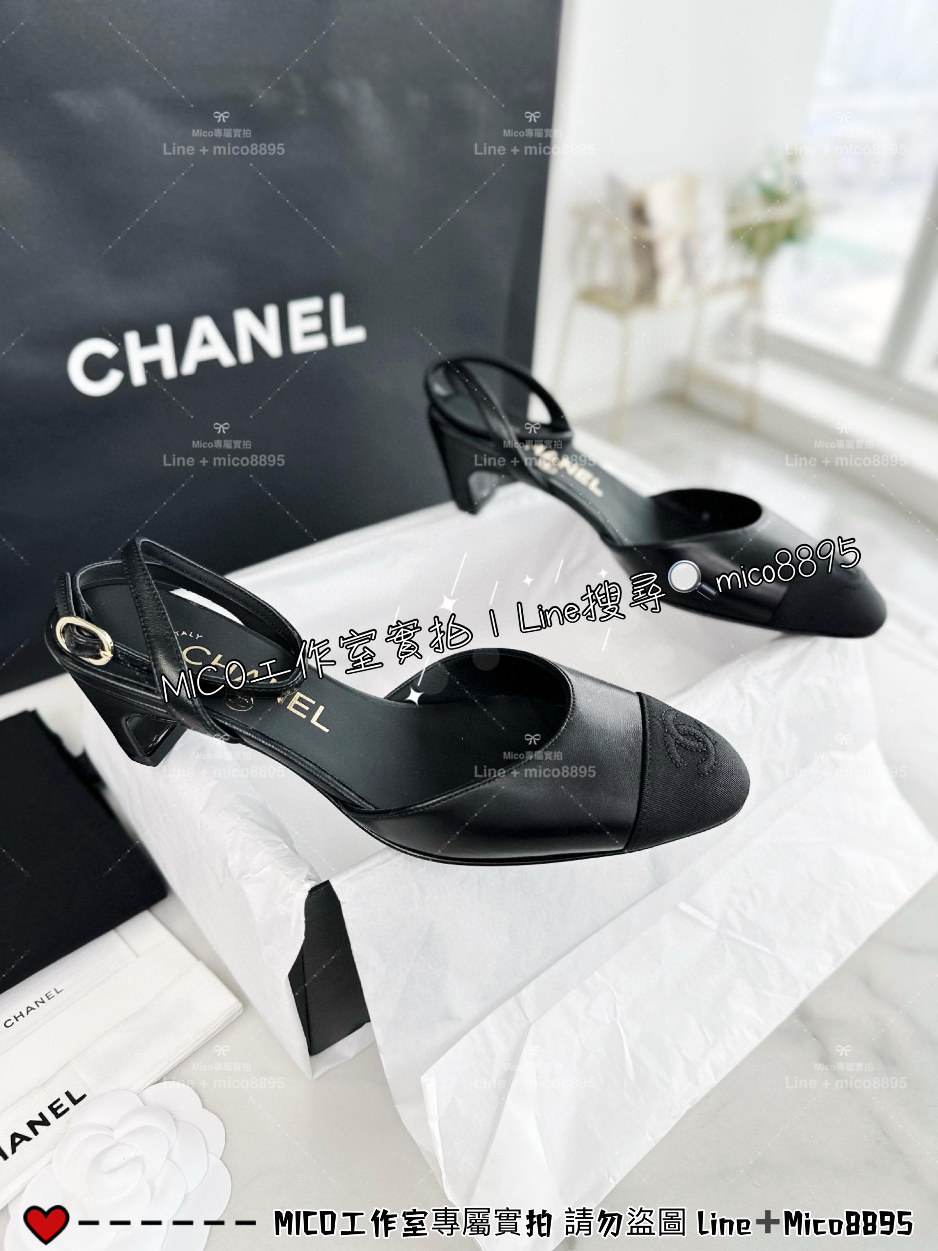 CHANEL｜24s 黑色羊皮小圓頭設計 後跟繫帶女鞋/跟鞋 4.5cm 35-40