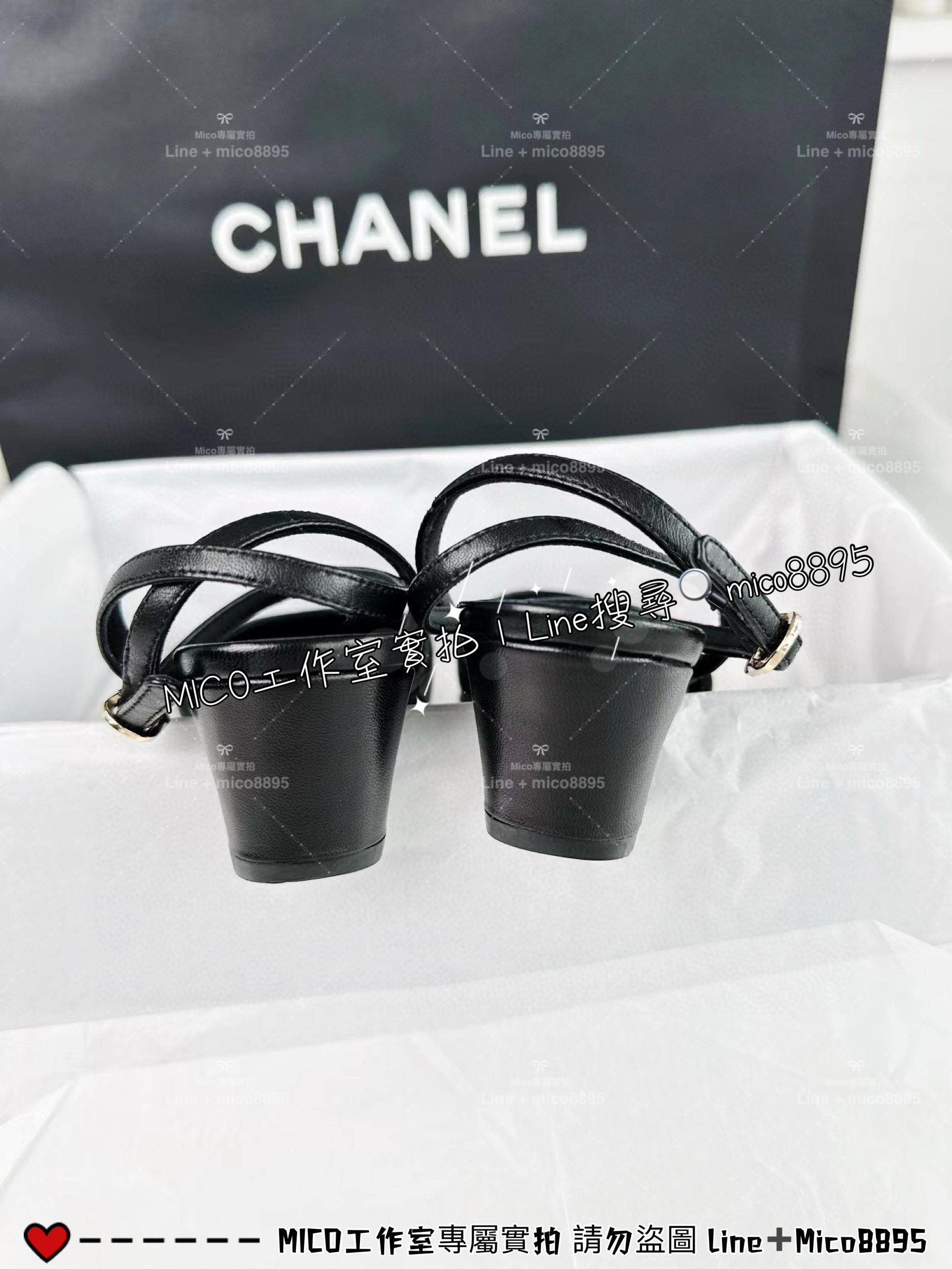 CHANEL｜24s 黑色羊皮小圓頭設計 後跟繫帶女鞋/跟鞋 4.5cm 35-40