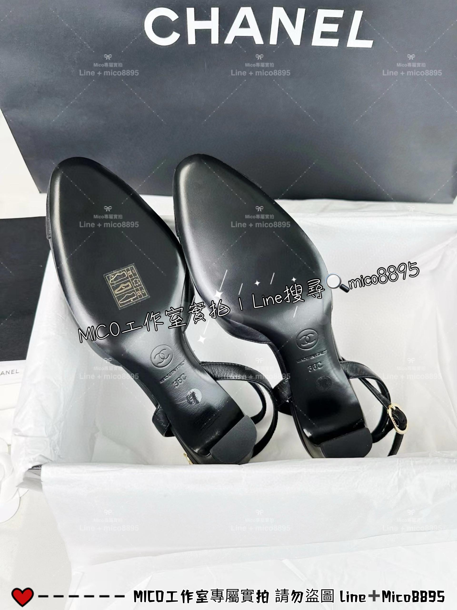 CHANEL｜24s 黑色羊皮小圓頭設計 後跟繫帶女鞋/跟鞋 4.5cm 35-40