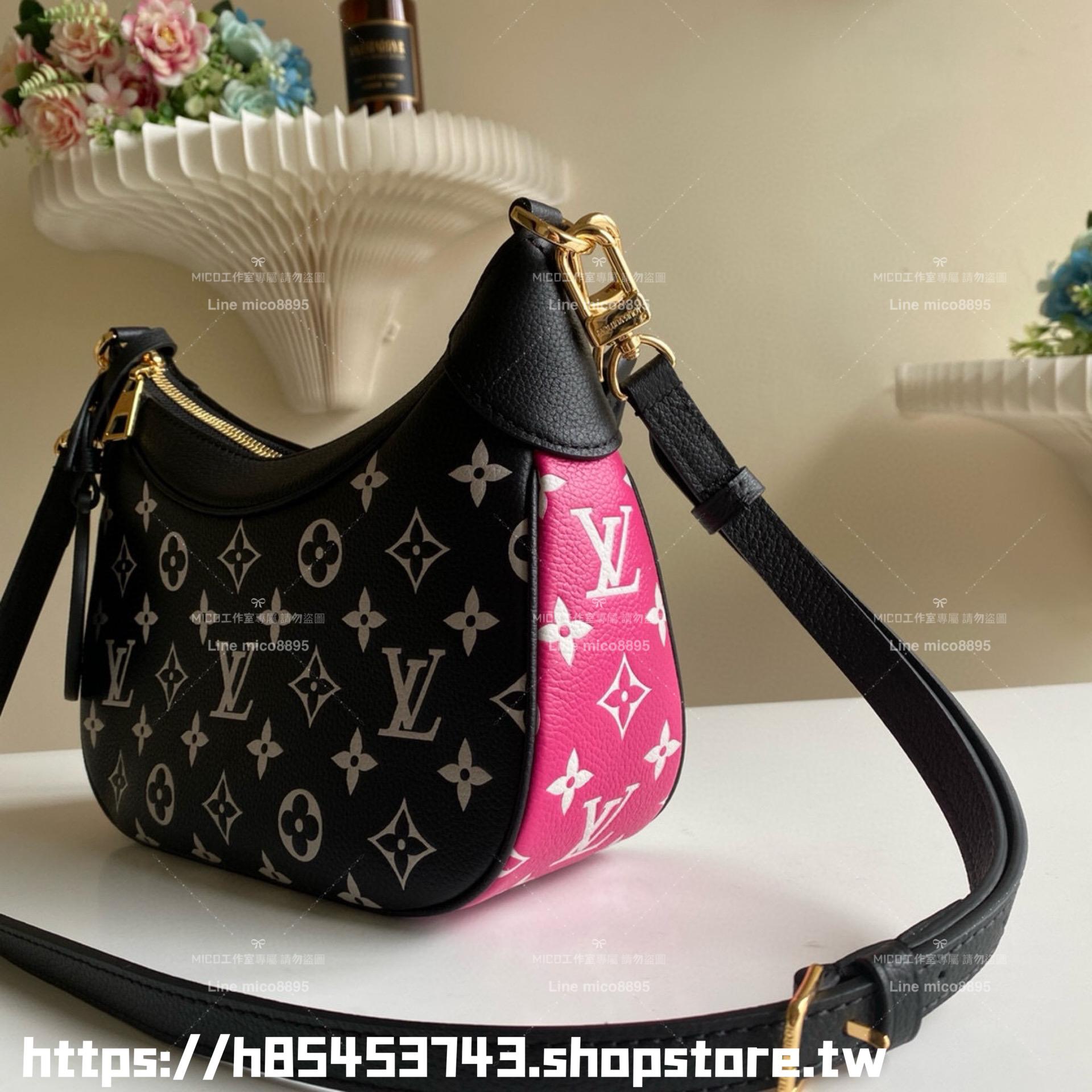 LV M46091 絲印款 三色拼接全皮牛角包系列 Bagatelle 手袋 可斜跨肩背手提 24cm