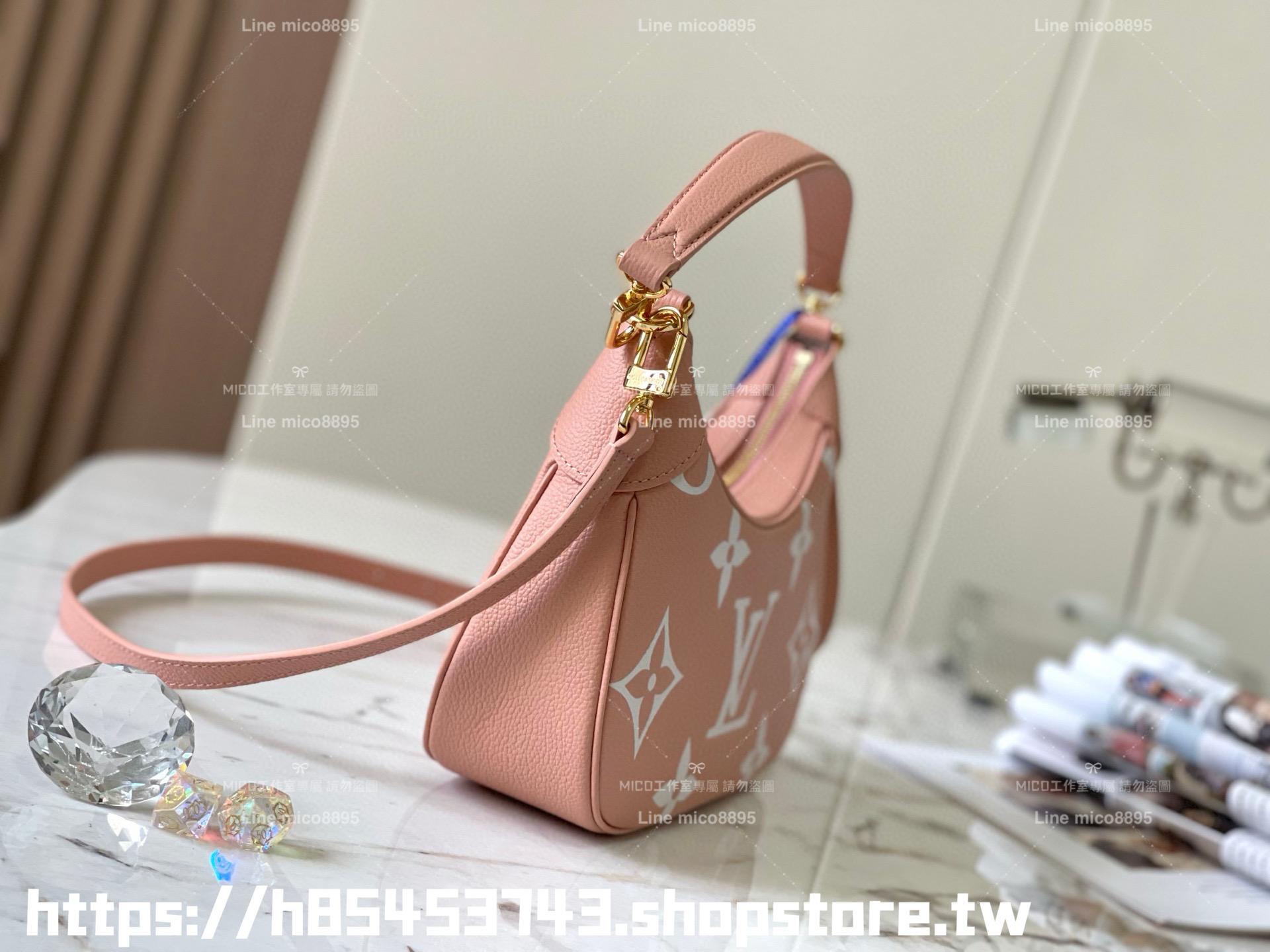 LV M46301 絲印款 粉色 雙色全皮牛角包系列 Bagatelle 手袋 可斜跨肩背手提 24cm