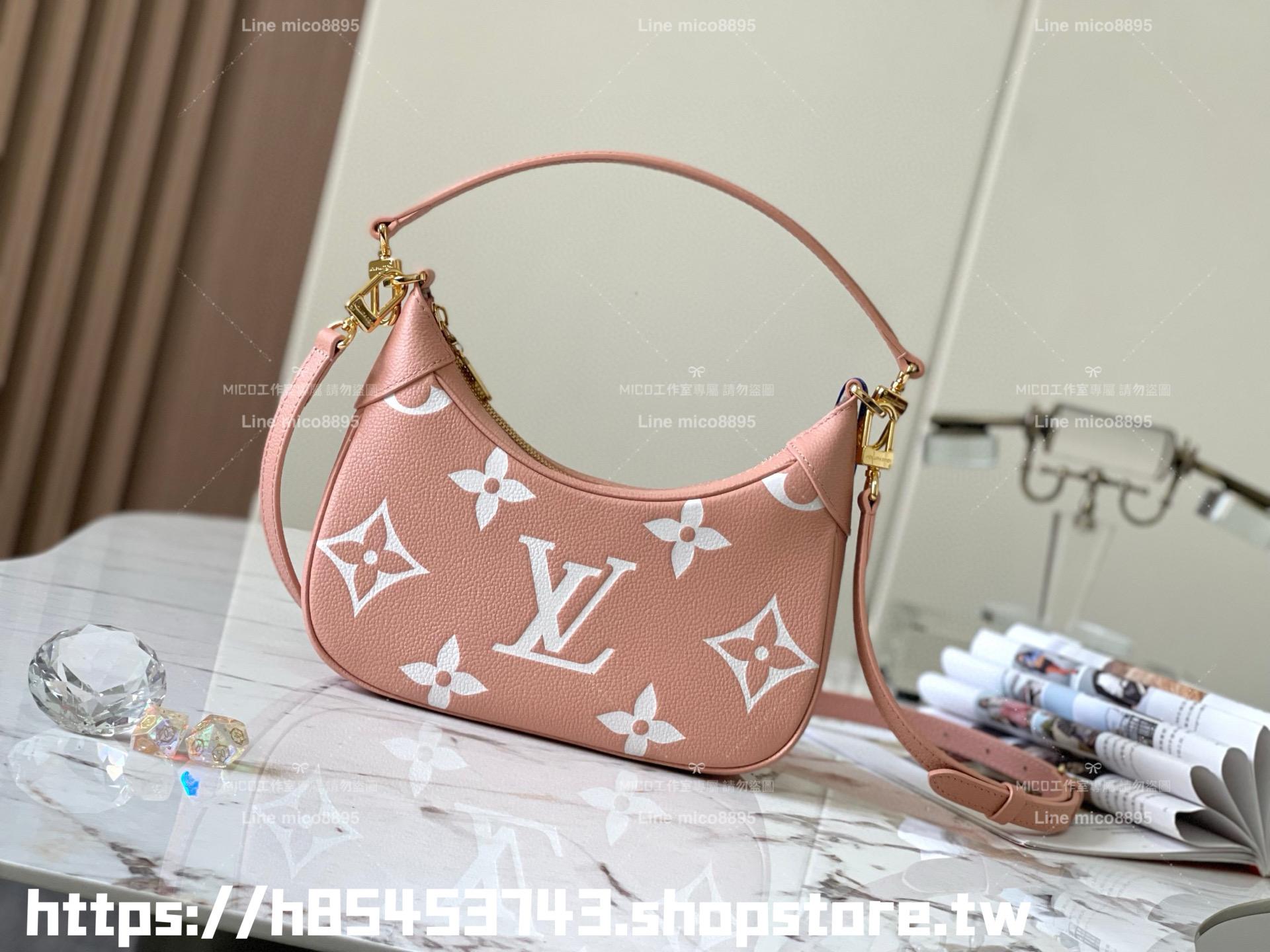 LV M46301 絲印款 粉色 雙色全皮牛角包系列 Bagatelle 手袋 可斜跨肩背手提 24cm