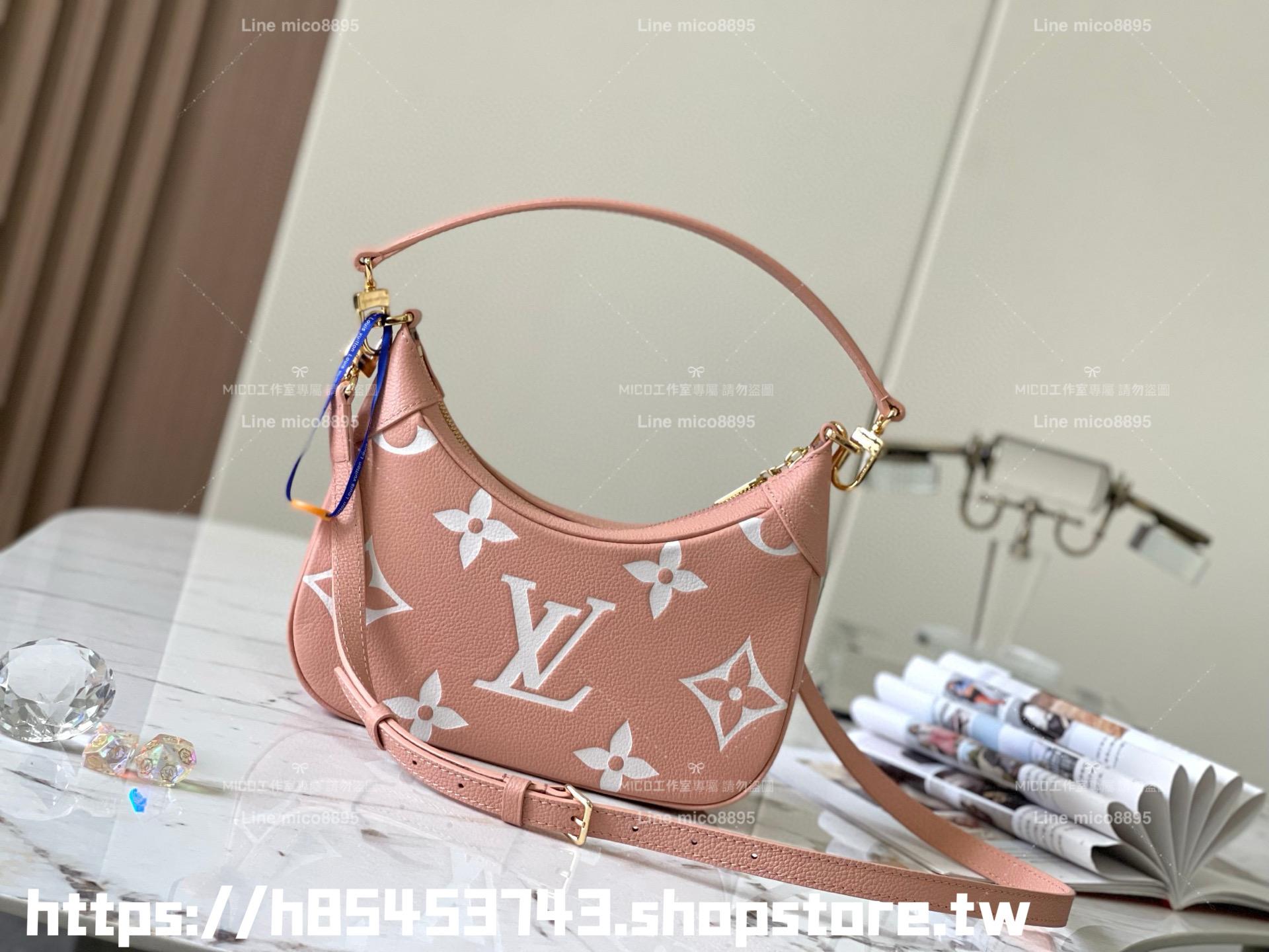 LV M46301 絲印款 粉色 雙色全皮牛角包系列 Bagatelle 手袋 可斜跨肩背手提 24cm