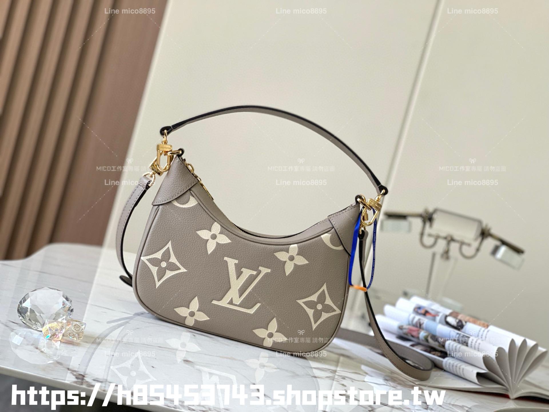 LV M46112 絲印款 大象灰 雙色全皮牛角包系列 Bagatelle 手袋 可斜跨肩背手提 24cm